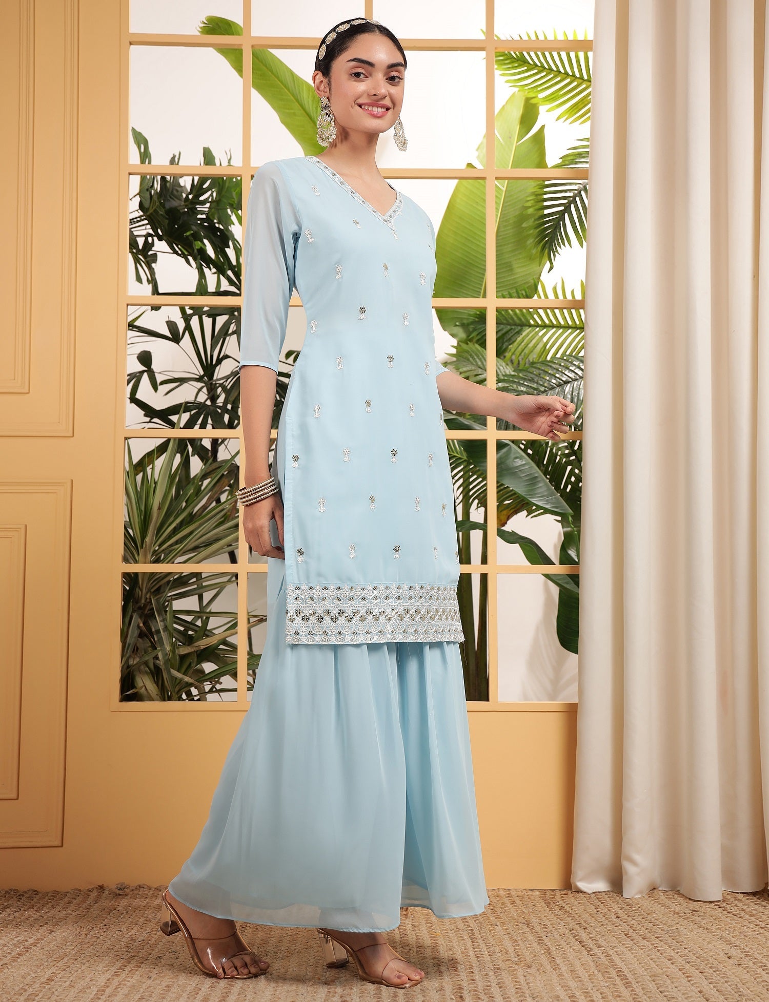 Teeya Creation Sky Color Georgette Fabric Heavy Embroidery Work Fully Stitched Palazzo Set - Swadesiicart