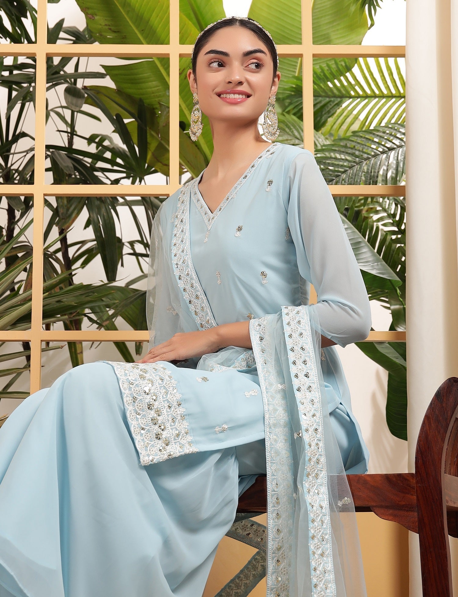 Teeya Creation Sky Color Georgette Fabric Heavy Embroidery Work Fully Stitched Palazzo Set - Swadesiicart
