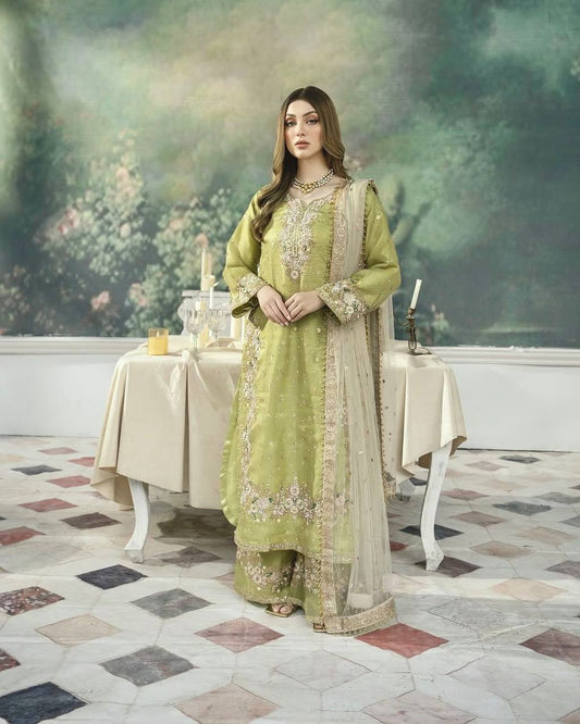 Teeya Creation Olive Color Pure Zimichhu Silk Embroidery Work Fully Stitched Palazzo Pair - Swadesiicart
