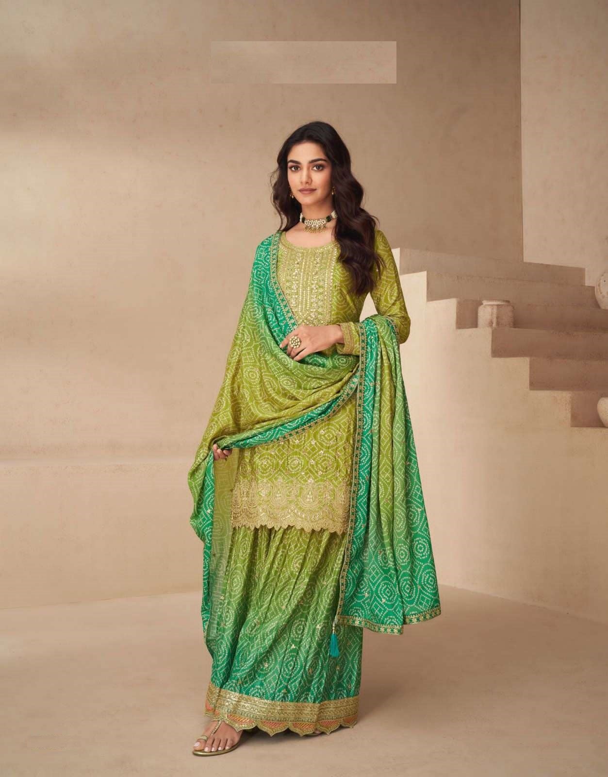 Teeya Creation Multi Color Chinnon Silk Digital Print With Embroidery Work Fully Stitched Palazzo Pair - Swadesiicart
