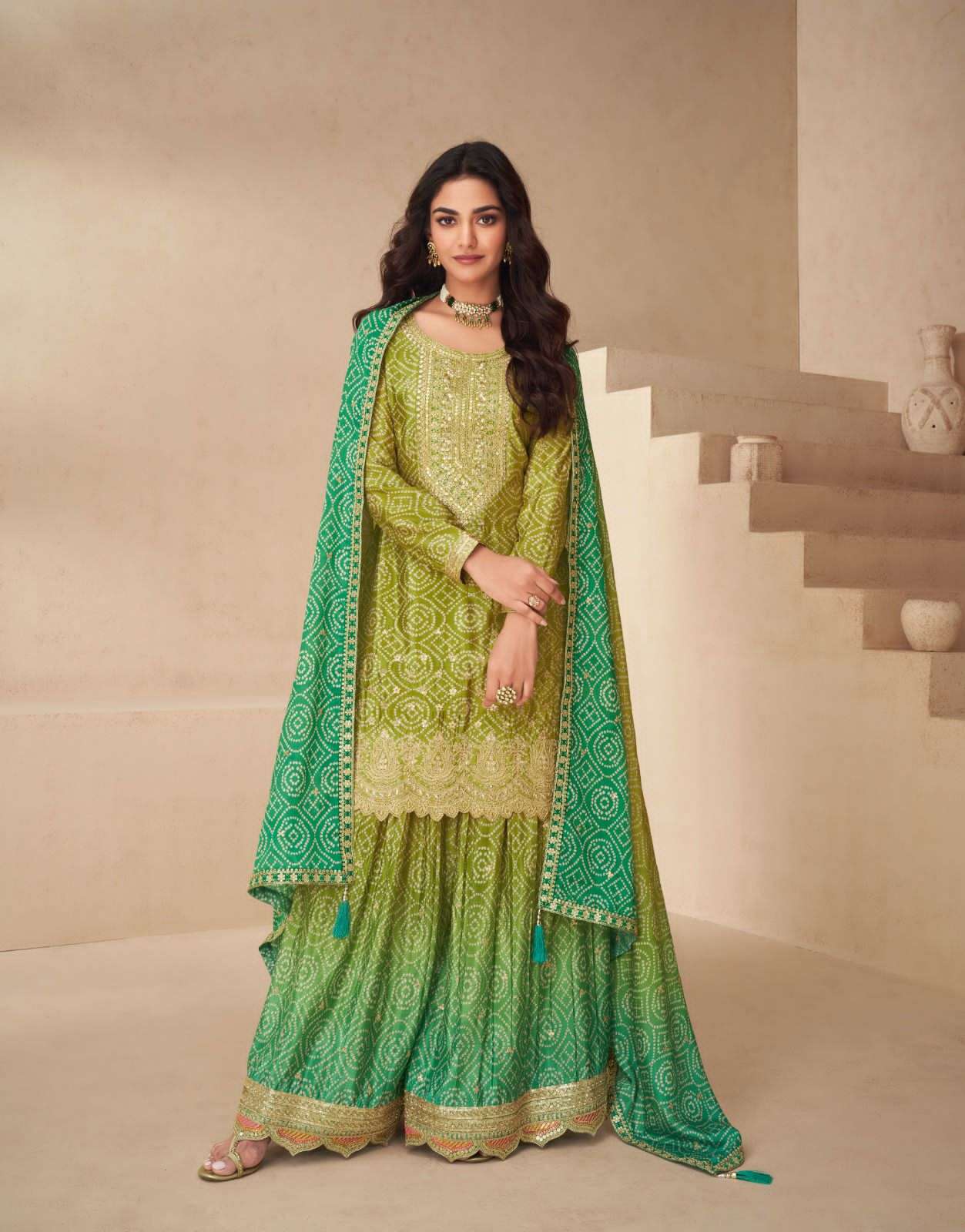 Teeya Creation Multi Color Chinnon Silk Digital Print With Embroidery Work Fully Stitched Palazzo Pair - Swadesiicart