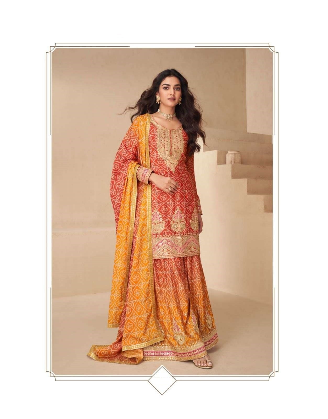 Teeya Creation Multi Color Chinnon Silk Digital Print With Embroidery Work Fully Stitched Palazzo Pair - Swadesiicart