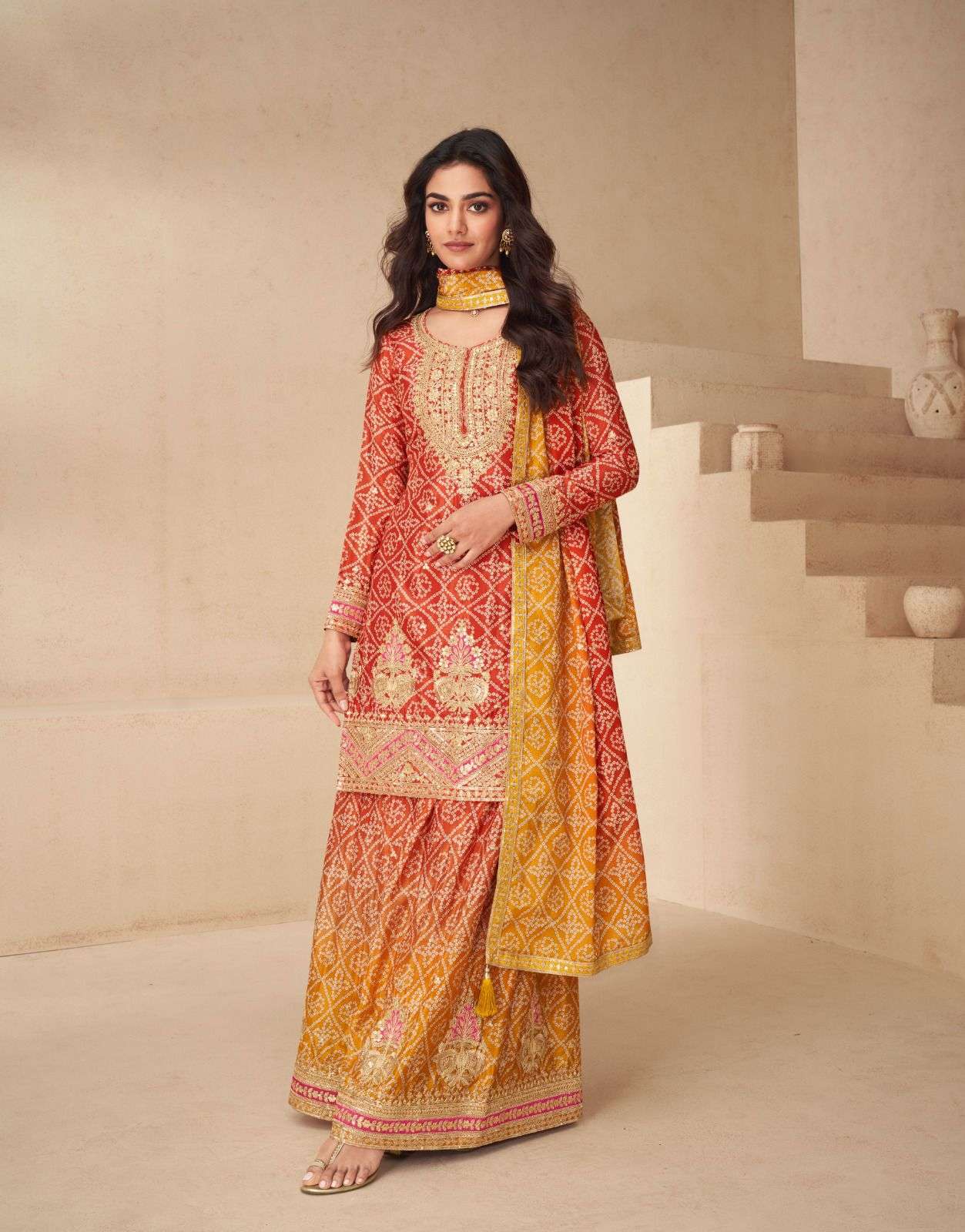 Teeya Creation Multi Color Chinnon Silk Digital Print With Embroidery Work Fully Stitched Palazzo Pair - Swadesiicart