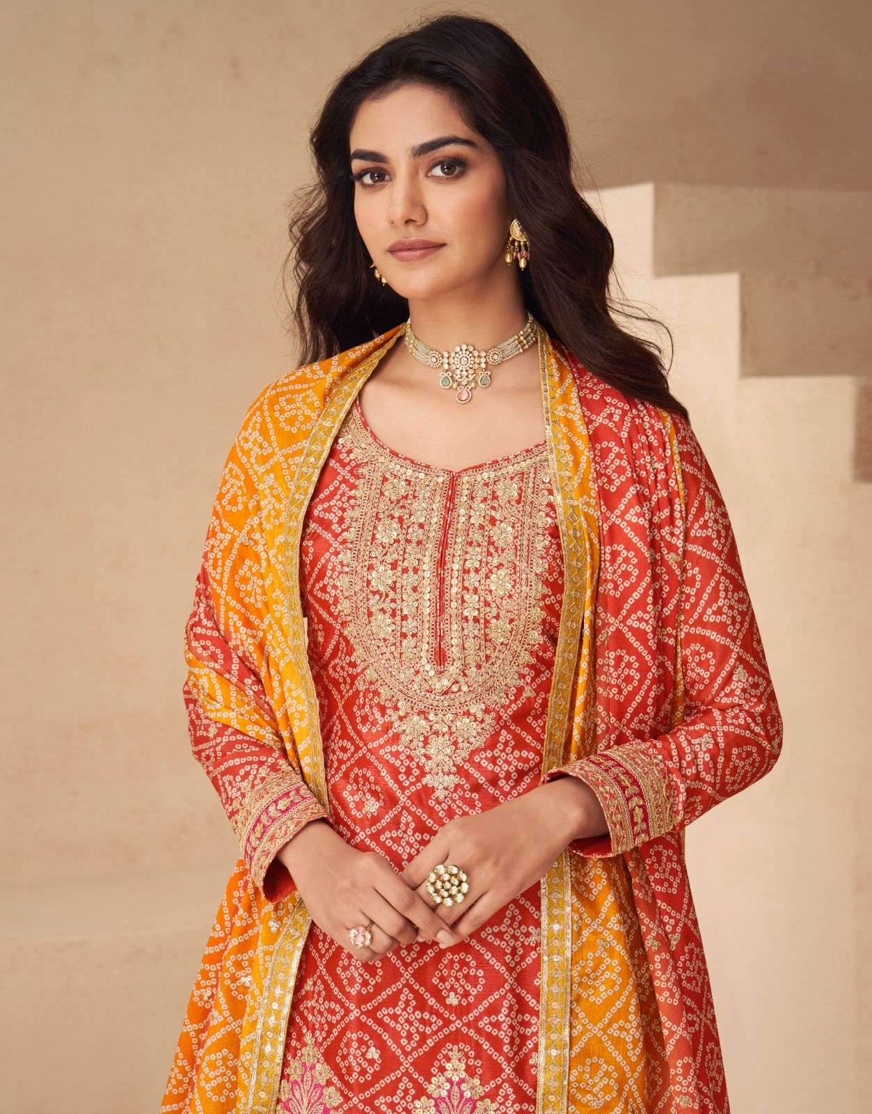 Teeya Creation Multi Color Chinnon Silk Digital Print With Embroidery Work Fully Stitched Palazzo Pair - Swadesiicart