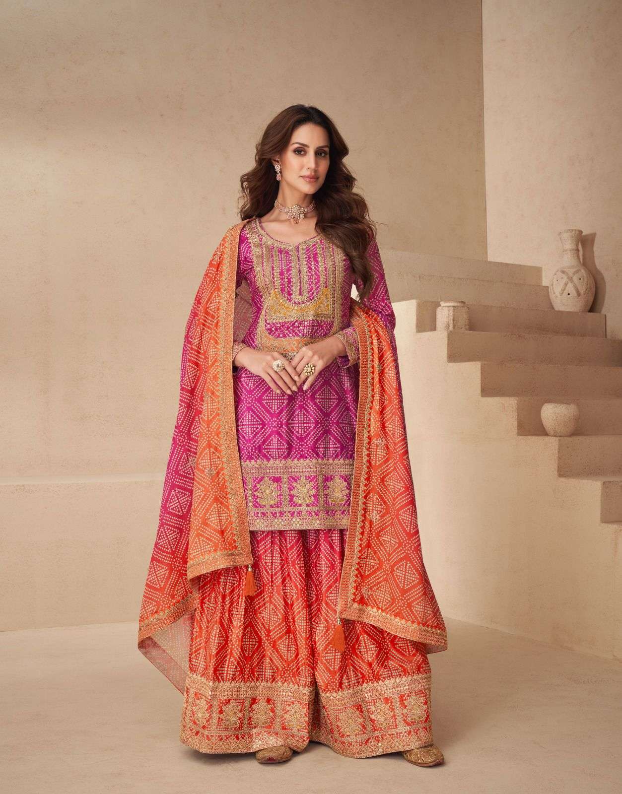 Teeya Creation Multi Color Chinnon Silk Digital Print With Embroidery Work Fully Stitched Palazzo Pair - Swadesiicart