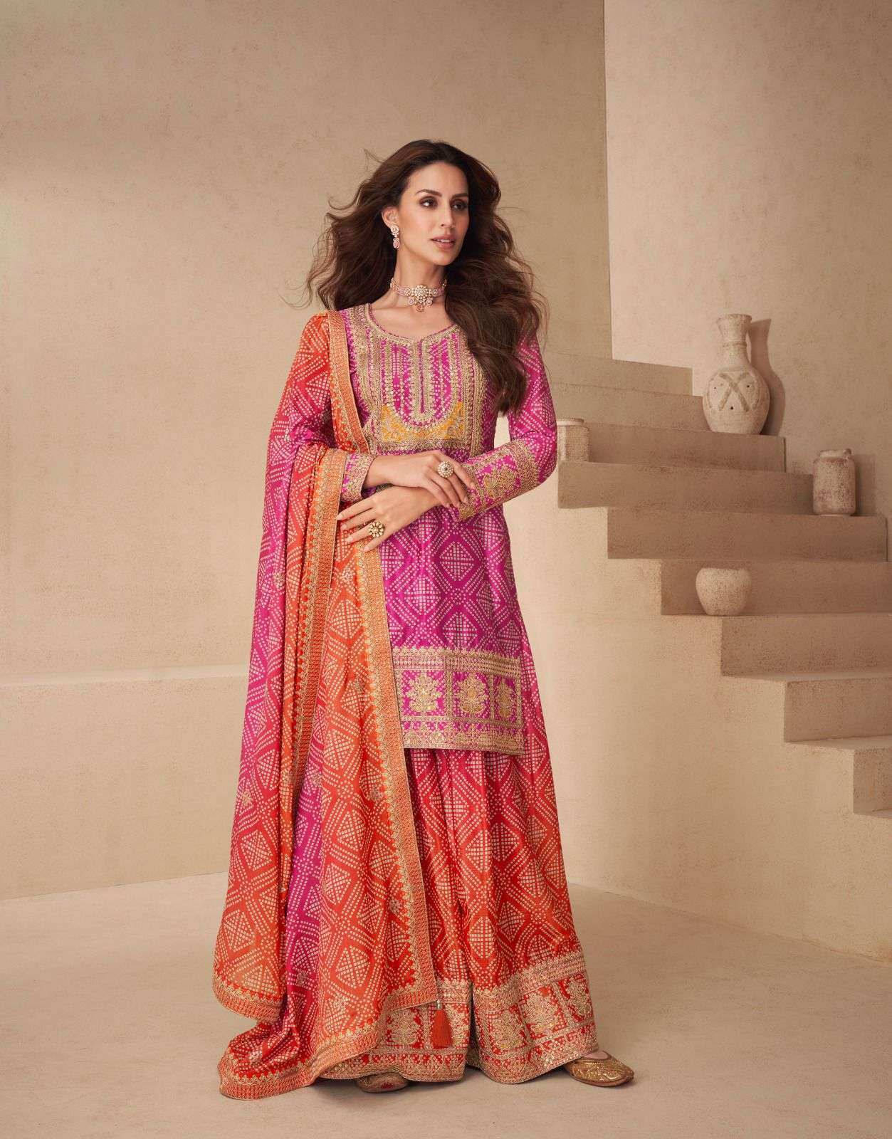 Teeya Creation Multi Color Chinnon Silk Digital Print With Embroidery Work Fully Stitched Palazzo Pair - Swadesiicart