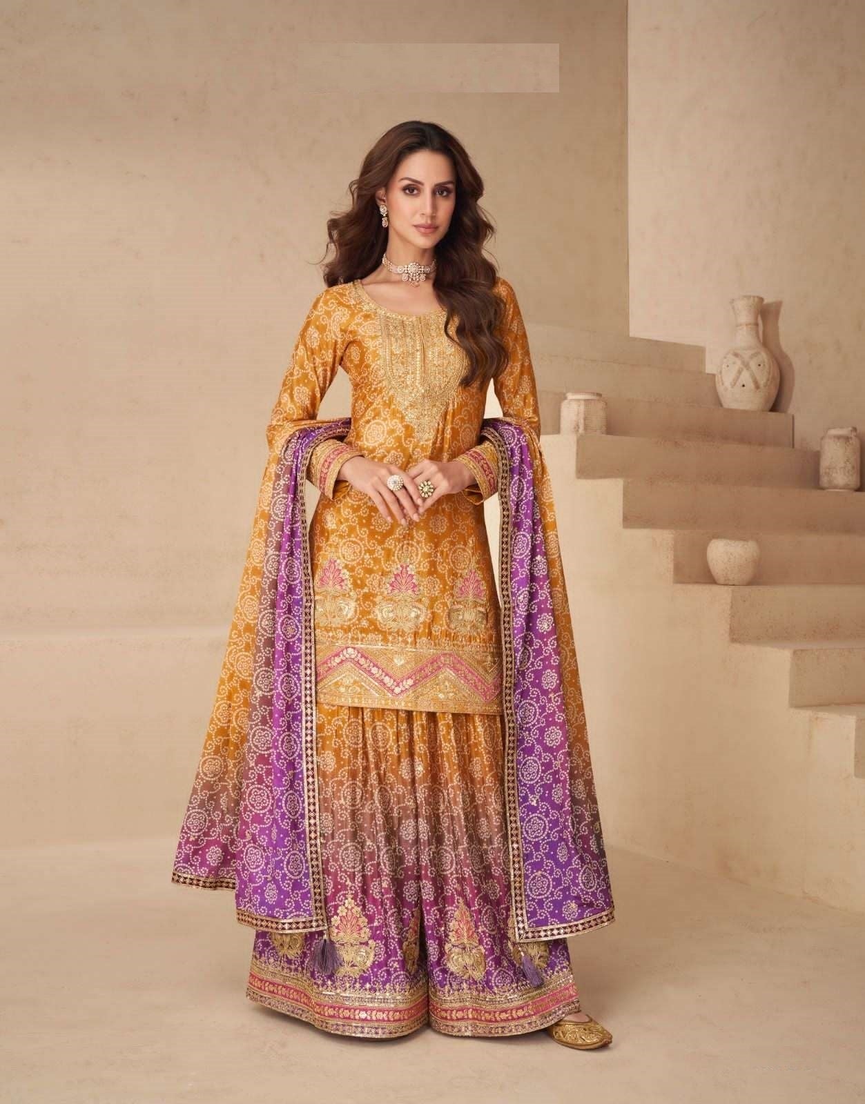 Teeya Creation Multi Color Chinnon Silk Digital Print With Embroidery Work Fully Stitched Palazzo Pair - Swadesiicart