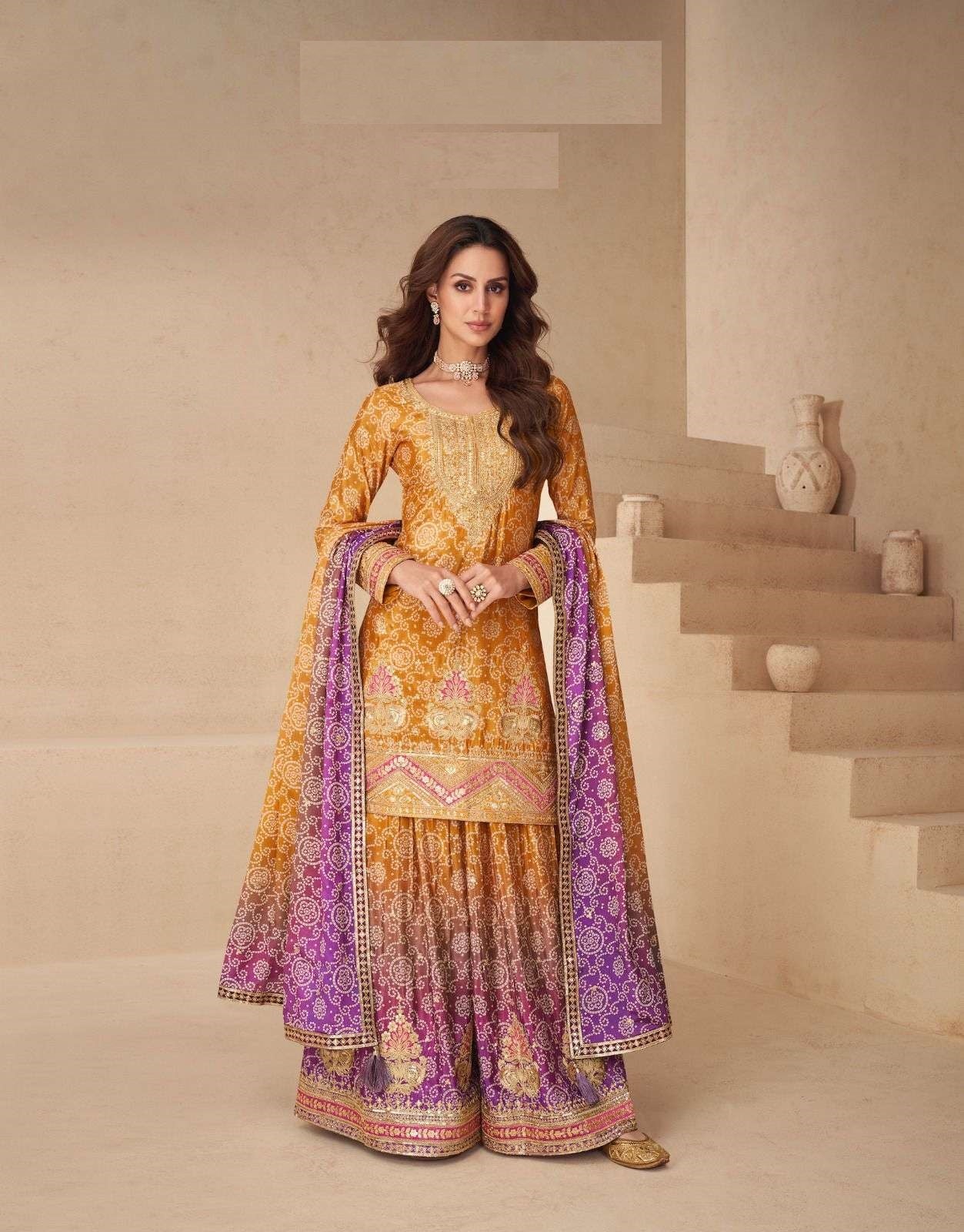 Teeya Creation Multi Color Chinnon Silk Digital Print With Embroidery Work Fully Stitched Palazzo Pair - Swadesiicart