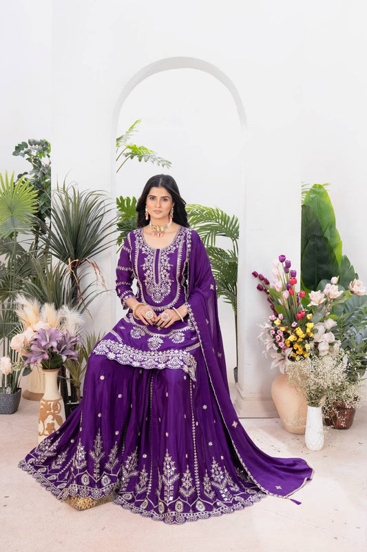 Teeya Creation Purple Color Chinnon Silk Embroidery Work Fully Stitched Salwar Suit - Swadesiicart