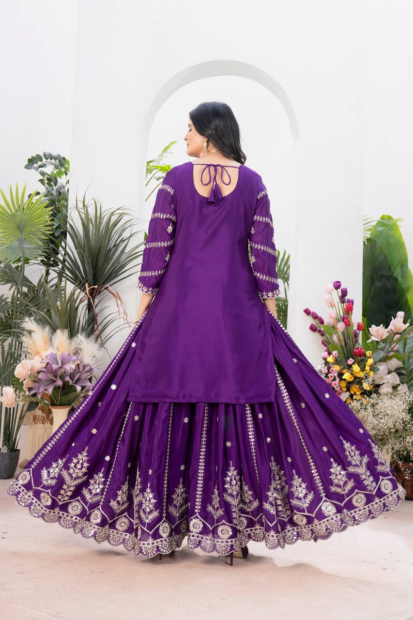 Teeya Creation Purple Color Chinnon Silk Embroidery Work Fully Stitched Salwar Suit - Swadesiicart