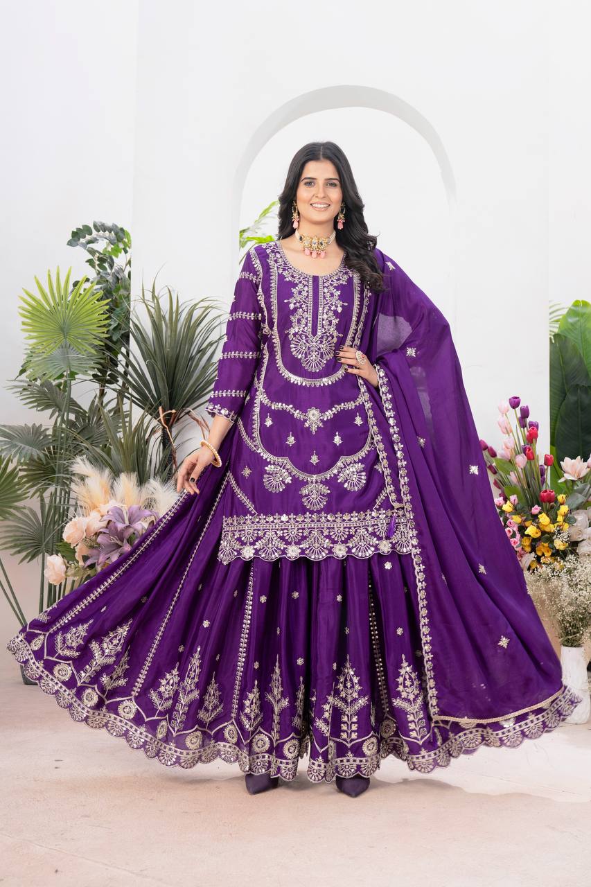 Teeya Creation Purple Color Chinnon Silk Embroidery Work Fully Stitched Salwar Suit - Swadesiicart