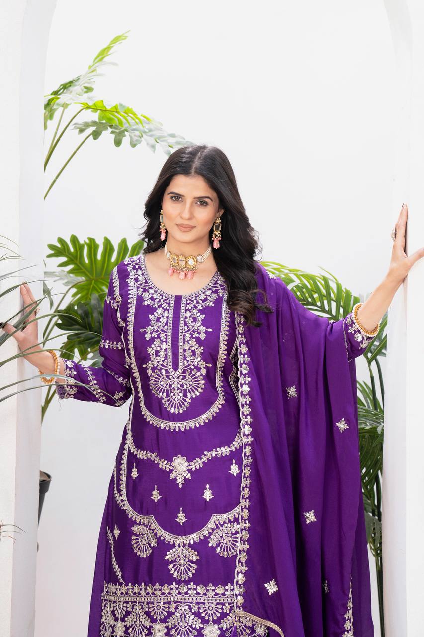 Teeya Creation Purple Color Chinnon Silk Embroidery Work Fully Stitched Salwar Suit - Swadesiicart