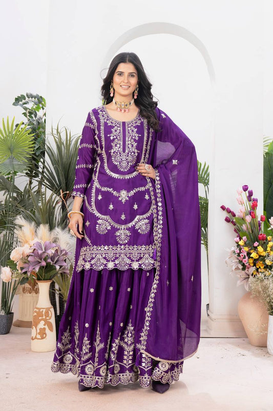 Teeya Creation Purple Color Chinnon Silk Embroidery Work Fully Stitched Salwar Suit - Swadesiicart