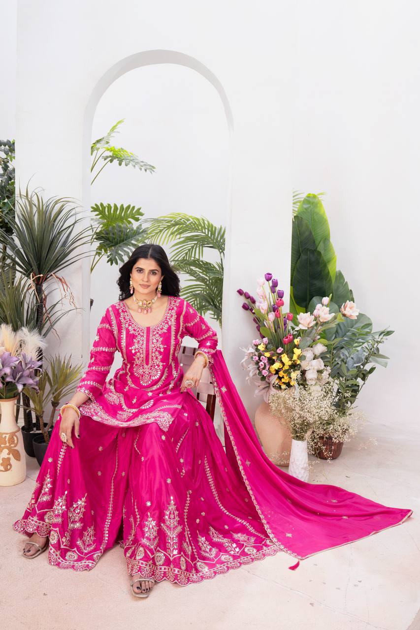 Teeya Creation Rani Color Chinnon Silk Embroidery Work Fully Stitched Salwar Suit - Swadesiicart