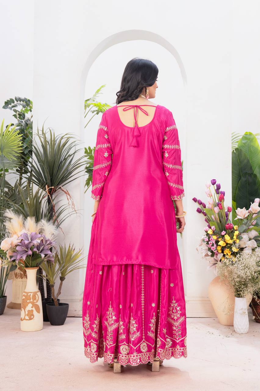 Teeya Creation Rani Color Chinnon Silk Embroidery Work Fully Stitched Salwar Suit - Swadesiicart