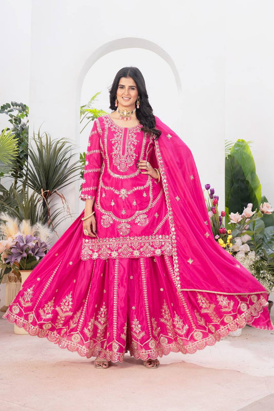Teeya Creation Rani Color Chinnon Silk Embroidery Work Fully Stitched Salwar Suit - Swadesiicart