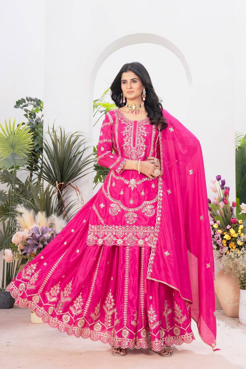 Teeya Creation Rani Color Chinnon Silk Embroidery Work Fully Stitched Salwar Suit - Swadesiicart