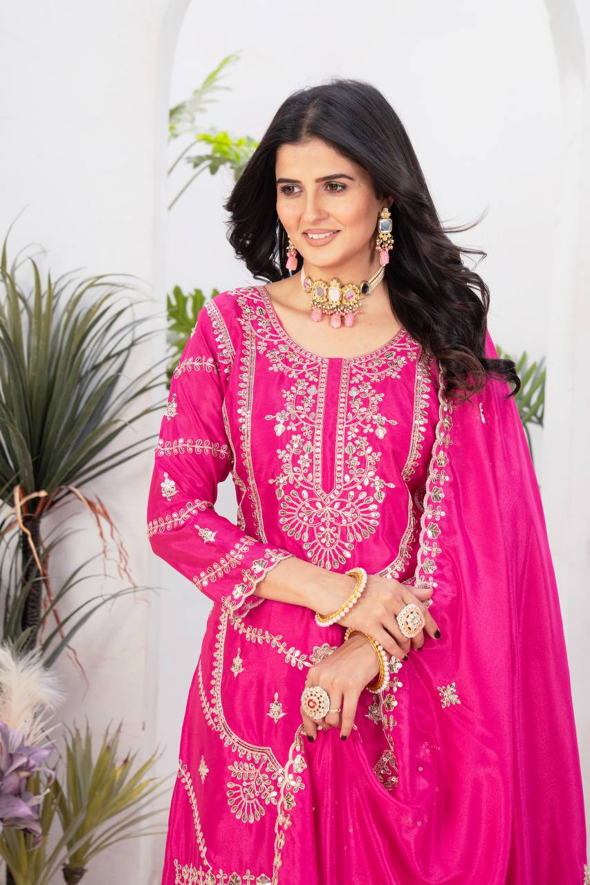 Teeya Creation Rani Color Chinnon Silk Embroidery Work Fully Stitched Salwar Suit - Swadesiicart