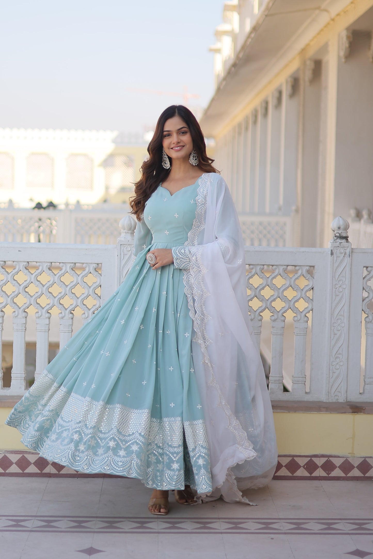 Teeya Creation Sky Blue Color Faux Georgette Embroidery And Sequence Work Fully Stitched Anarkali Gown - Swadesiicart