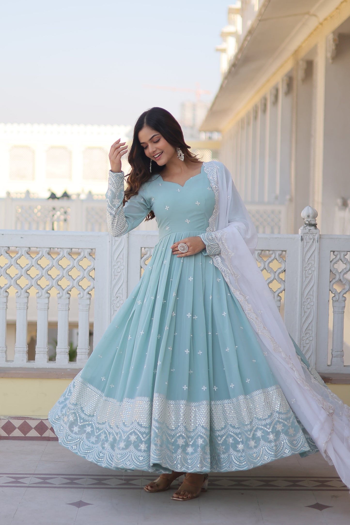 Teeya Creation Sky Blue Color Faux Georgette Embroidery And Sequence Work Fully Stitched Anarkali Gown - Swadesiicart