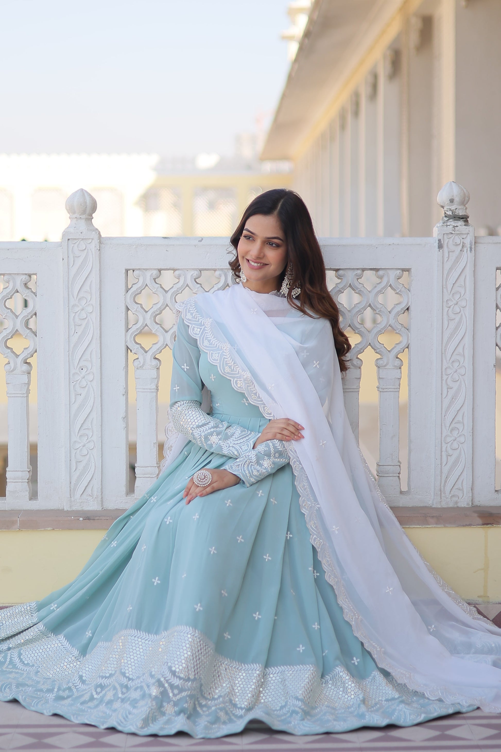Teeya Creation Sky Blue Color Faux Georgette Embroidery And Sequence Work Fully Stitched Anarkali Gown - Swadesiicart