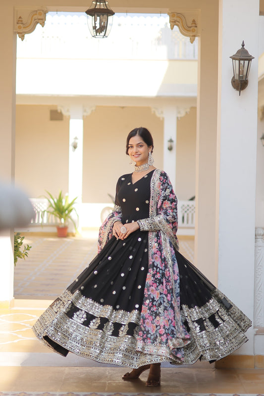 Teeya Creation Black Color Faux Georgette Embroidery And Sequence Work Fully Stitched Anarkali Gown - Swadesiicart