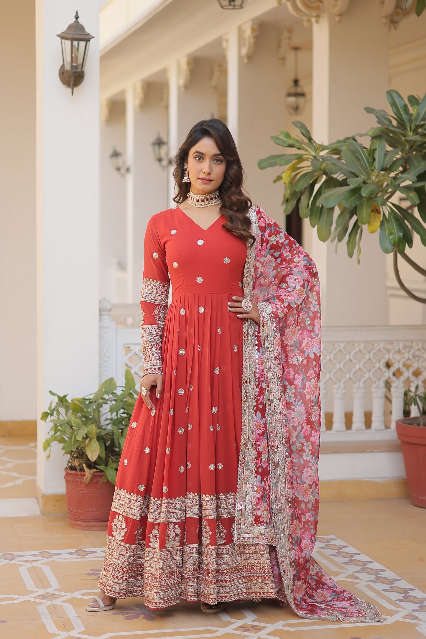 Teeya Creation Red Color Faux Georgette Embroidery And Sequence Work Fully Stitched Anarkali Gown - Swadesiicart