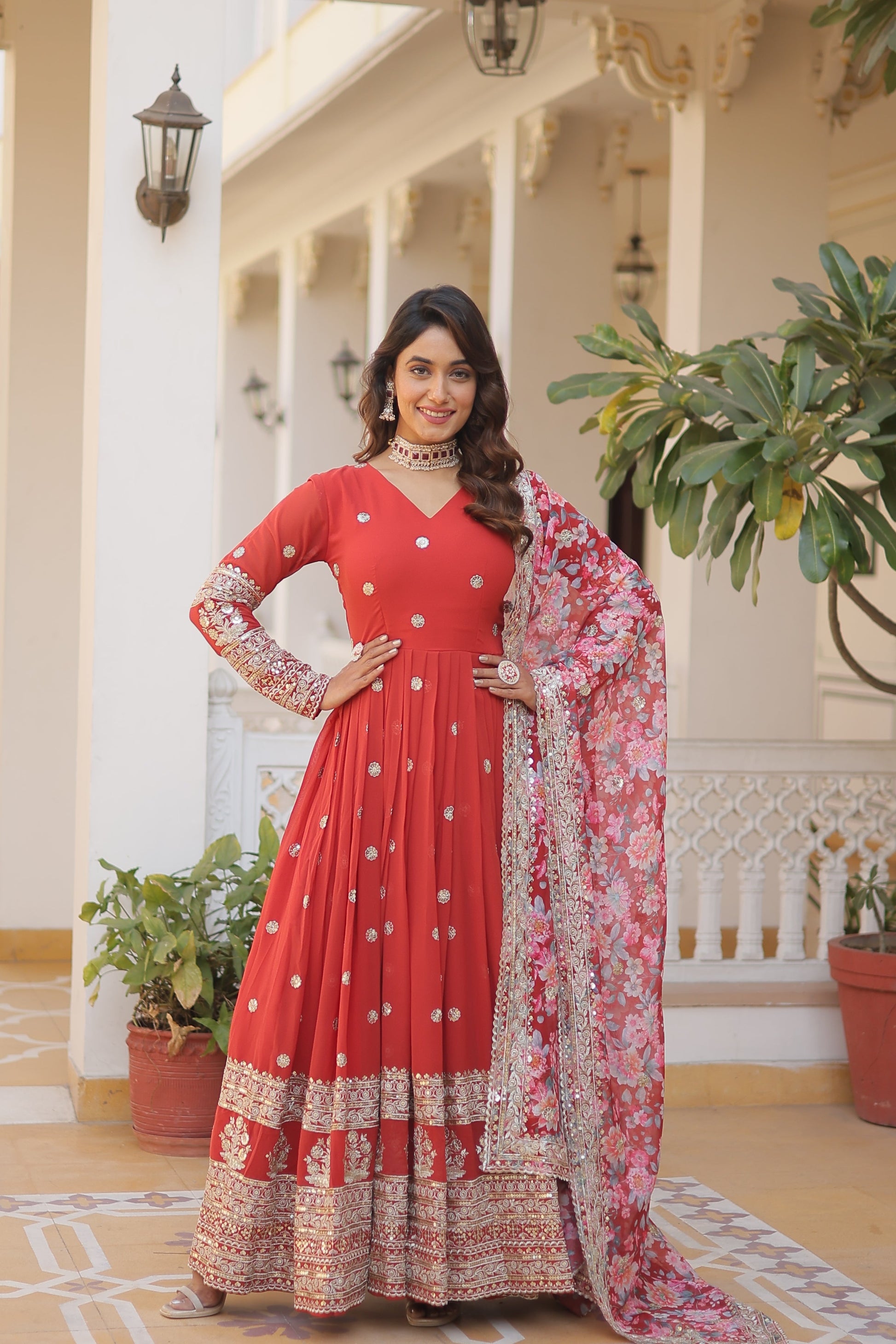 Teeya Creation Red Color Faux Georgette Embroidery And Sequence Work Fully Stitched Anarkali Gown - Swadesiicart