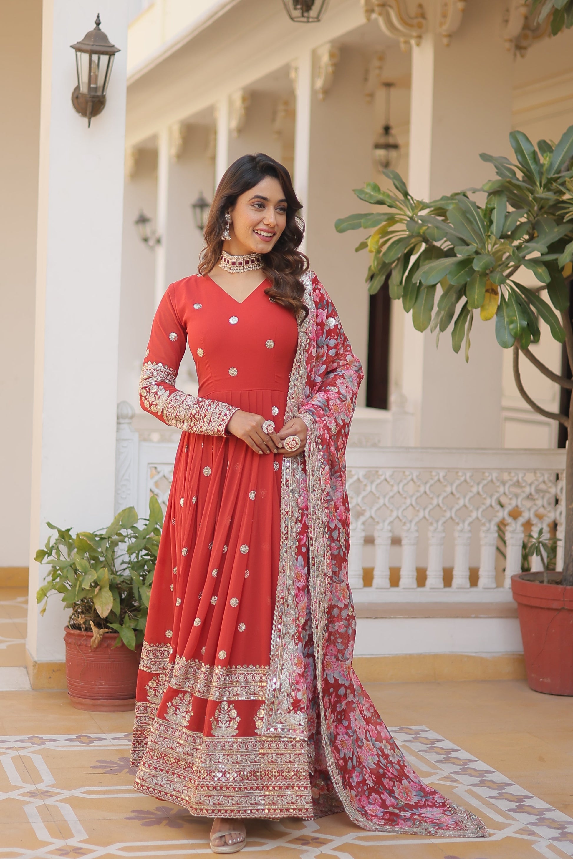 Teeya Creation Red Color Faux Georgette Embroidery And Sequence Work Fully Stitched Anarkali Gown - Swadesiicart