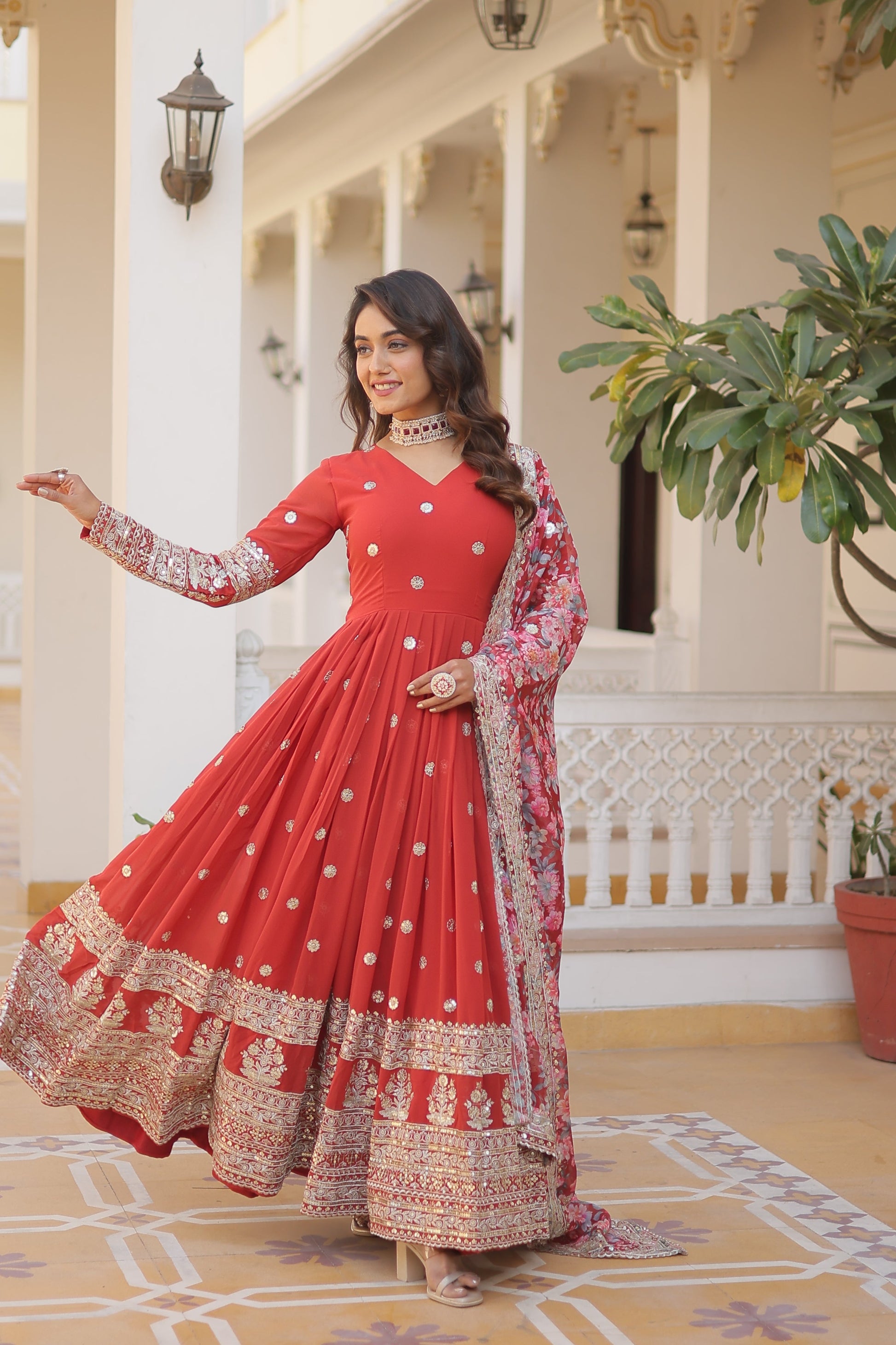 Teeya Creation Red Color Faux Georgette Embroidery And Sequence Work Fully Stitched Anarkali Gown - Swadesiicart