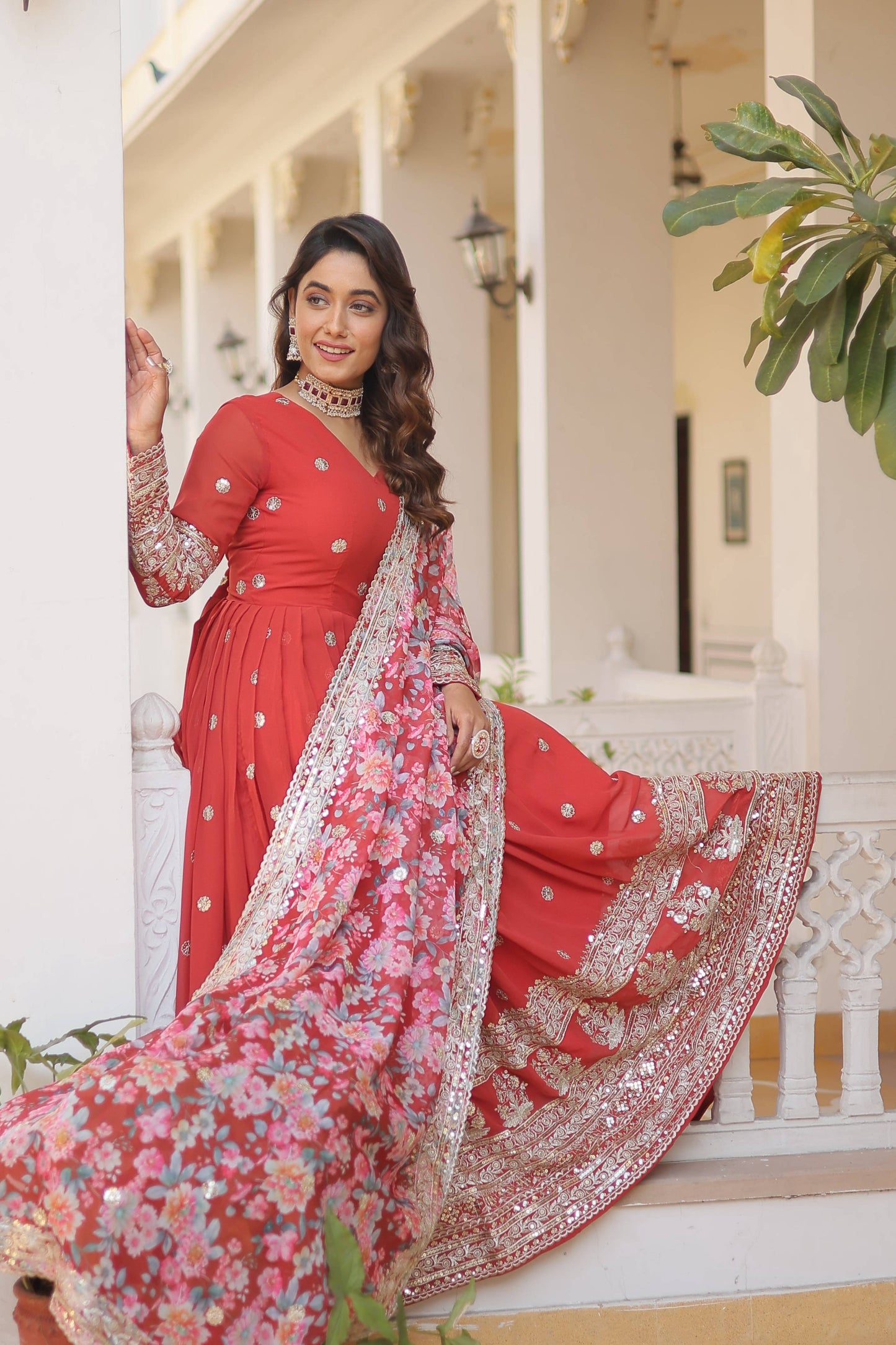 Teeya Creation Red Color Faux Georgette Embroidery And Sequence Work Fully Stitched Anarkali Gown - Swadesiicart