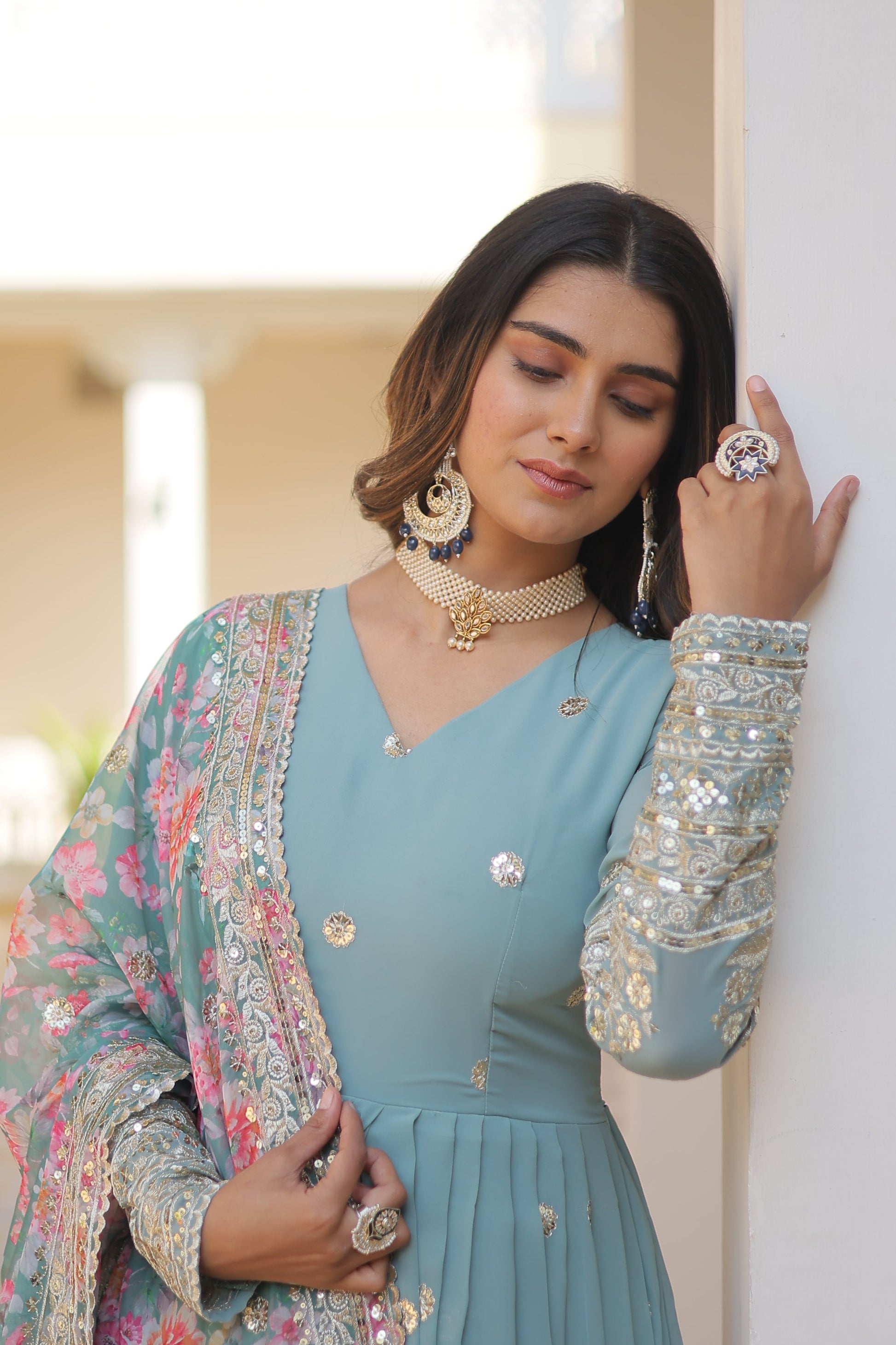 Teeya Creation Sky Color Faux Georgette Embroidery And Sequence Work Fully Stitched Anarkali Gown - Swadesiicart