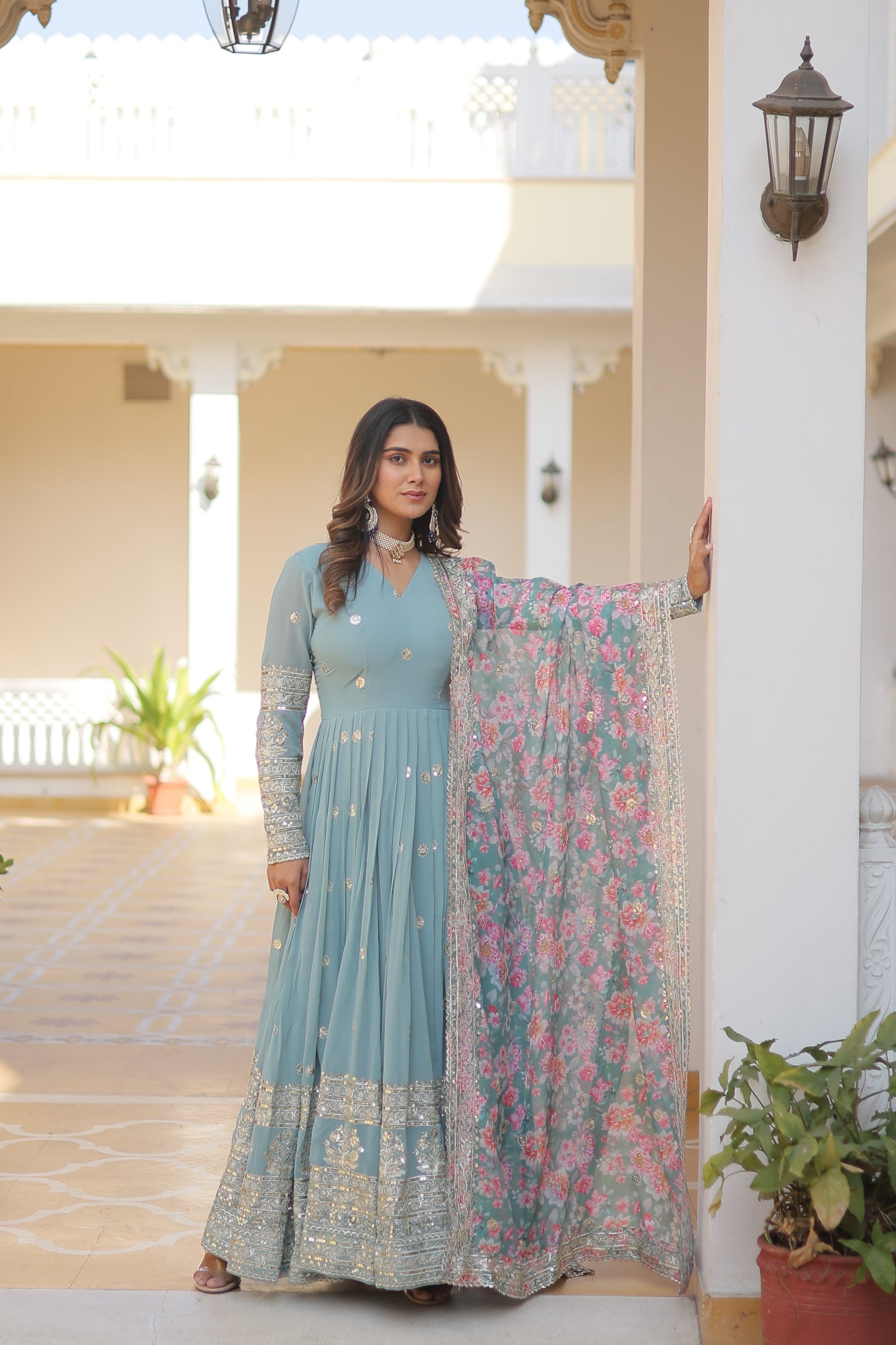 Teeya Creation Sky Color Faux Georgette Embroidery And Sequence Work Fully Stitched Anarkali Gown - Swadesiicart