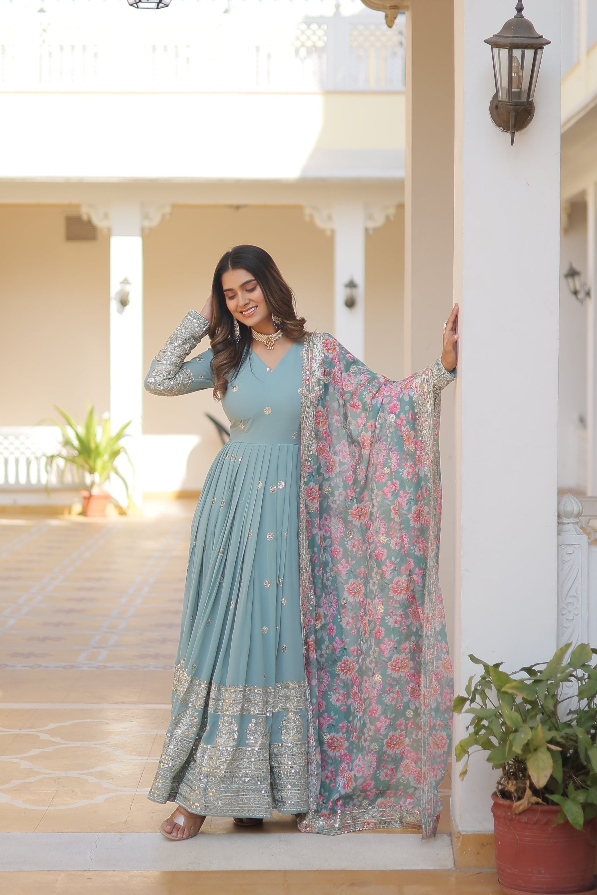 Teeya Creation Sky Color Faux Georgette Embroidery And Sequence Work Fully Stitched Anarkali Gown - Swadesiicart