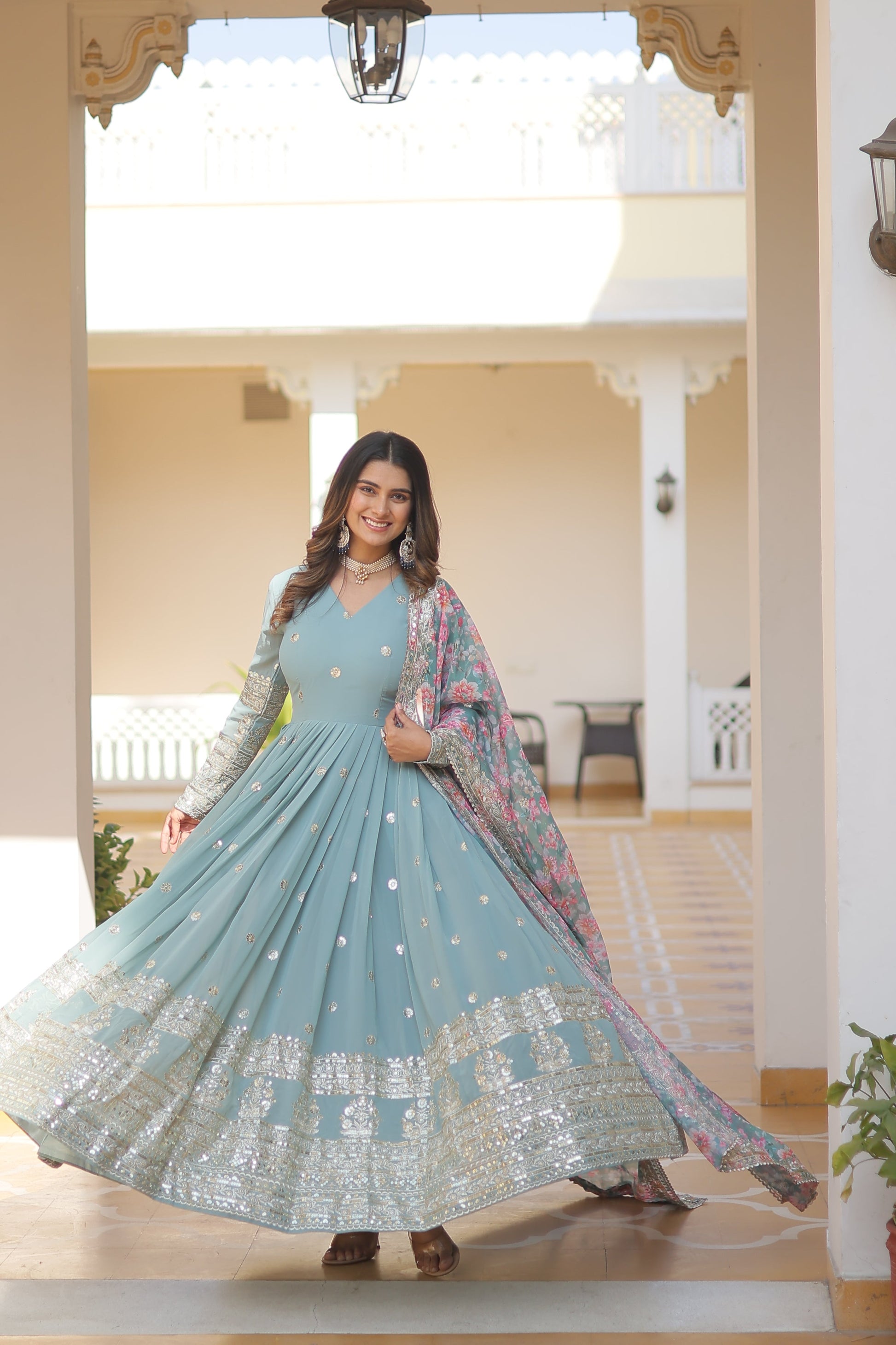 Teeya Creation Sky Color Faux Georgette Embroidery And Sequence Work Fully Stitched Anarkali Gown - Swadesiicart