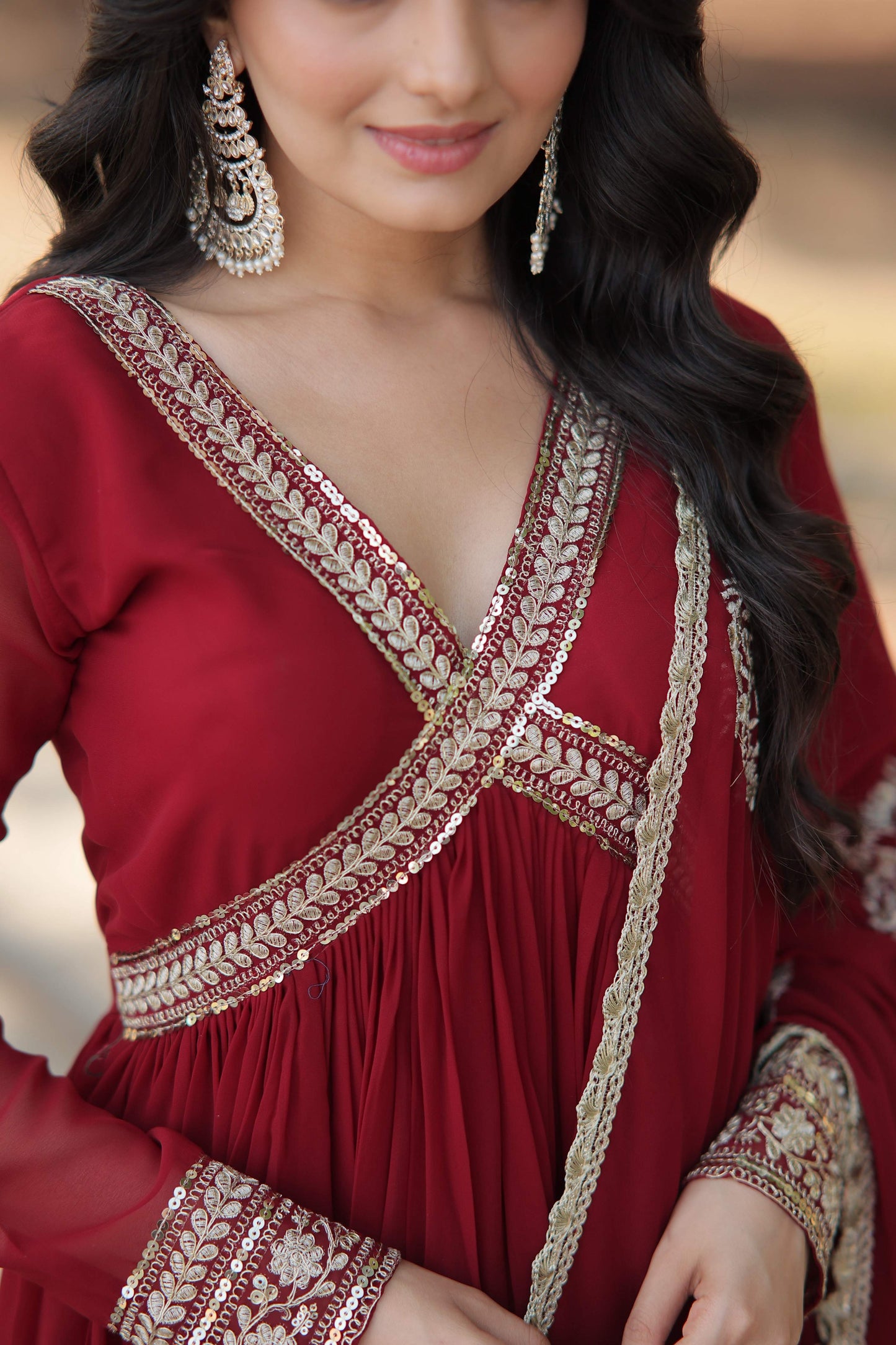 Teeya Creation Maroon Color Faux Georgette Zari Embroidery Work Fully Stitched Anarkali Gown - Swadesiicart