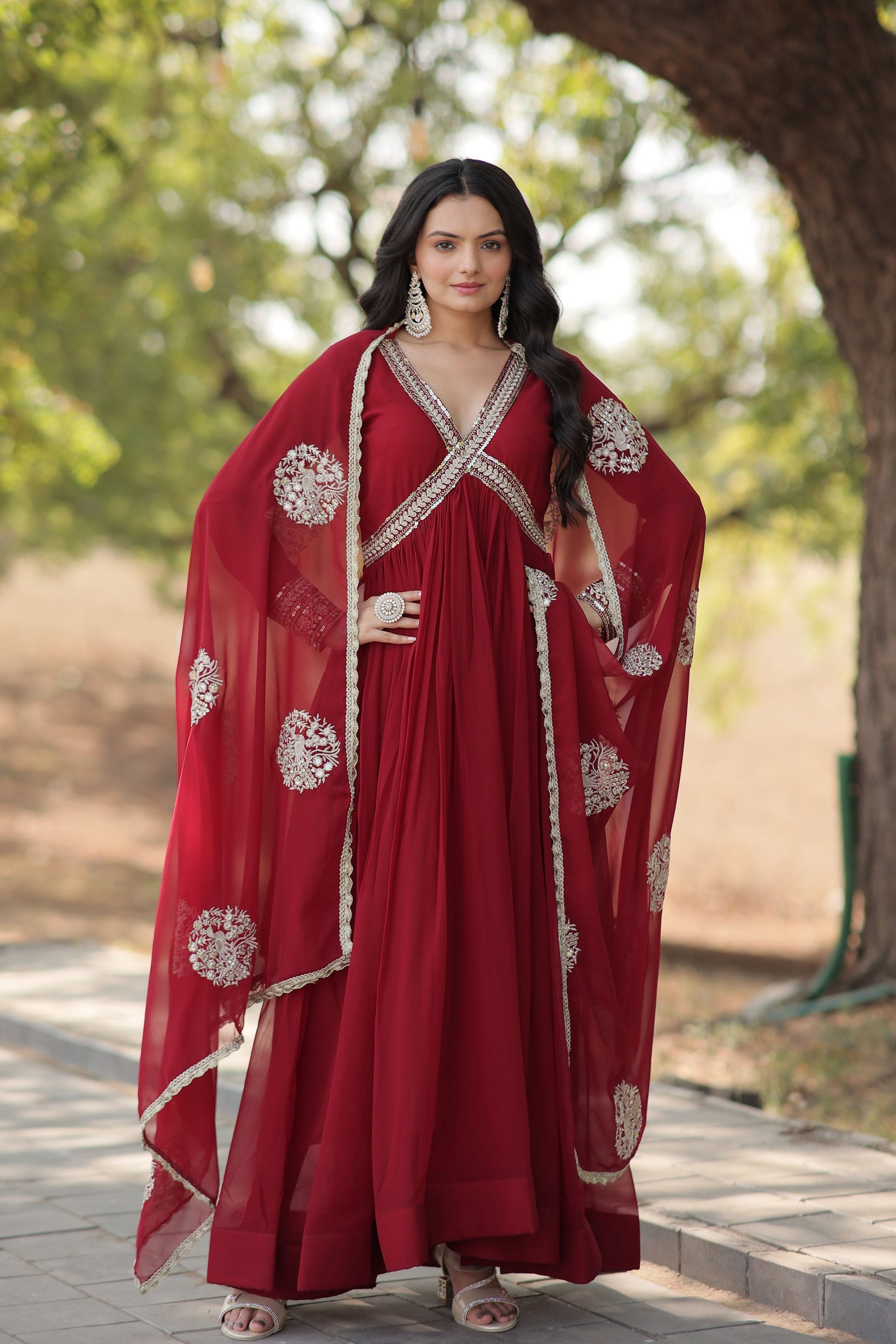 Teeya Creation Maroon Color Faux Georgette Zari Embroidery Work Fully Stitched Anarkali Gown - Swadesiicart