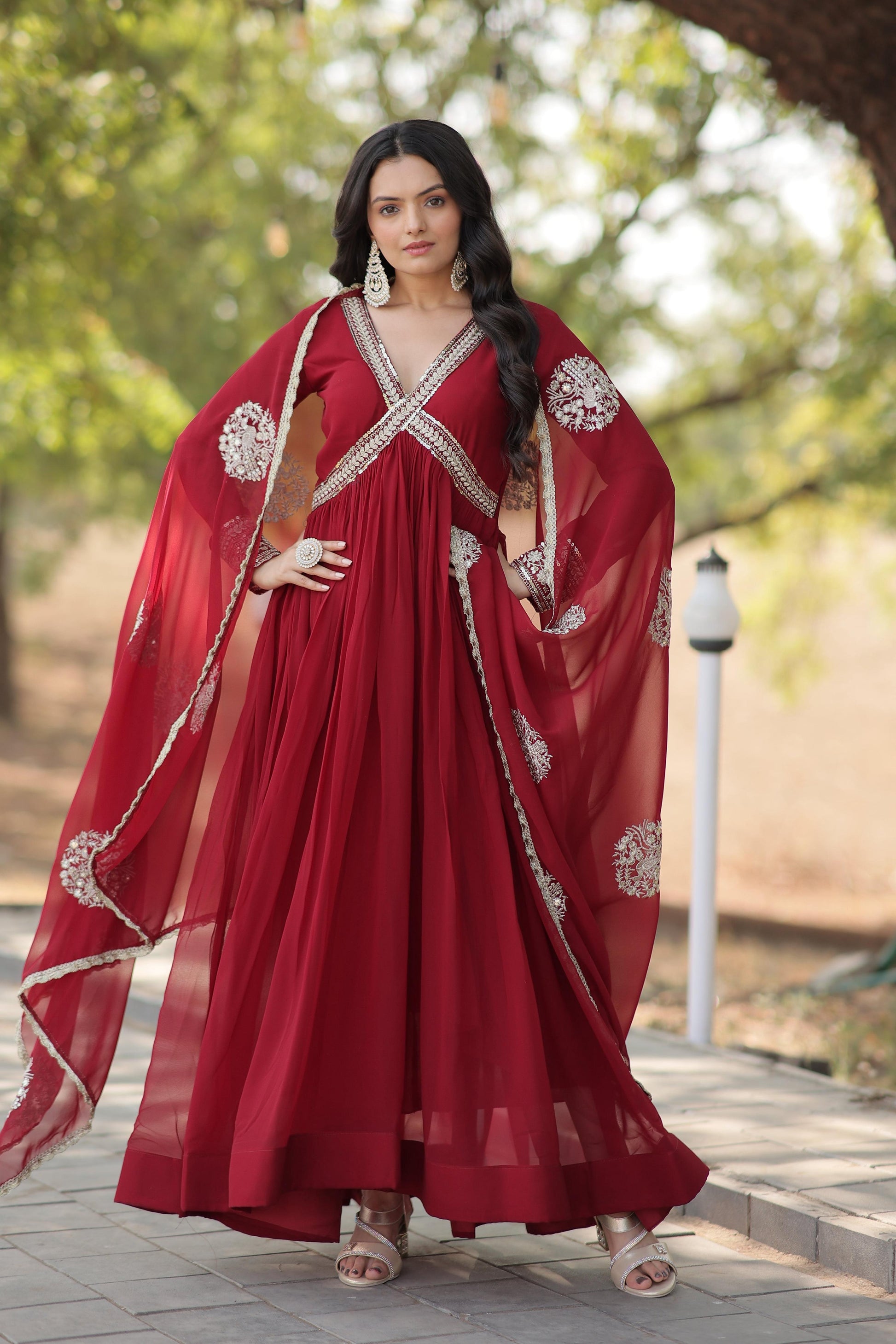 Teeya Creation Maroon Color Faux Georgette Zari Embroidery Work Fully Stitched Anarkali Gown - Swadesiicart