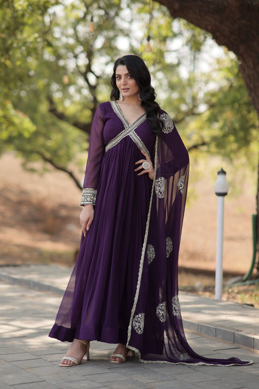 Teeya Creation Purple Color Faux Georgette Zari Embroidery Work Fully Stitched Anarkali Gown - Swadesiicart