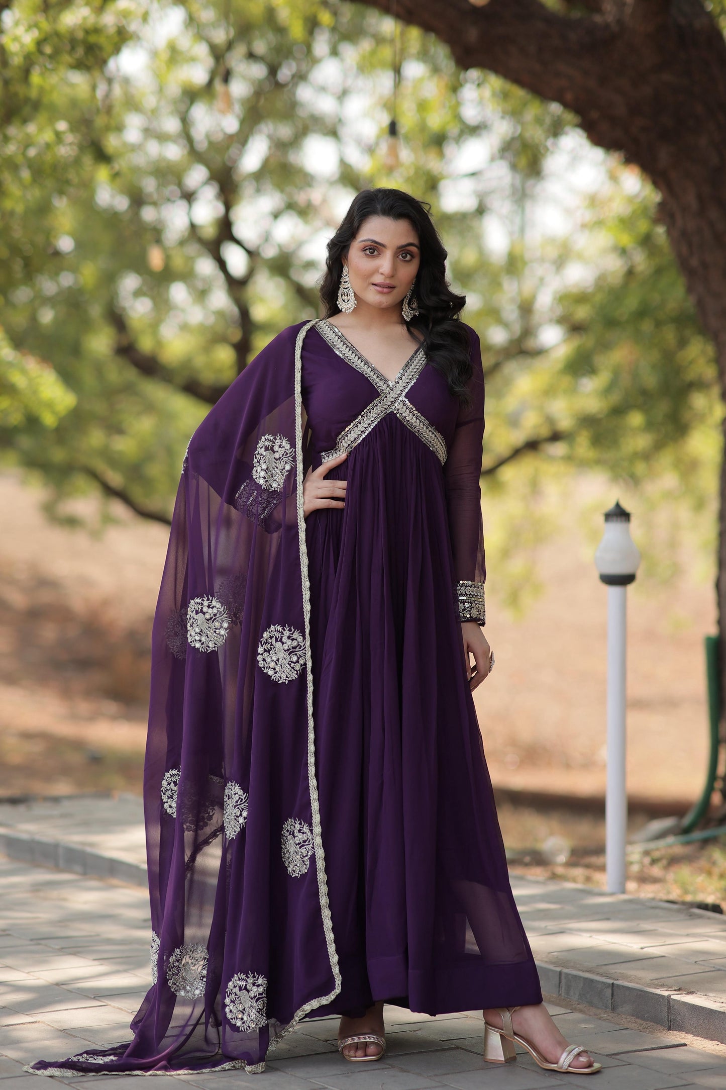 Teeya Creation Purple Color Faux Georgette Zari Embroidery Work Fully Stitched Anarkali Gown - Swadesiicart
