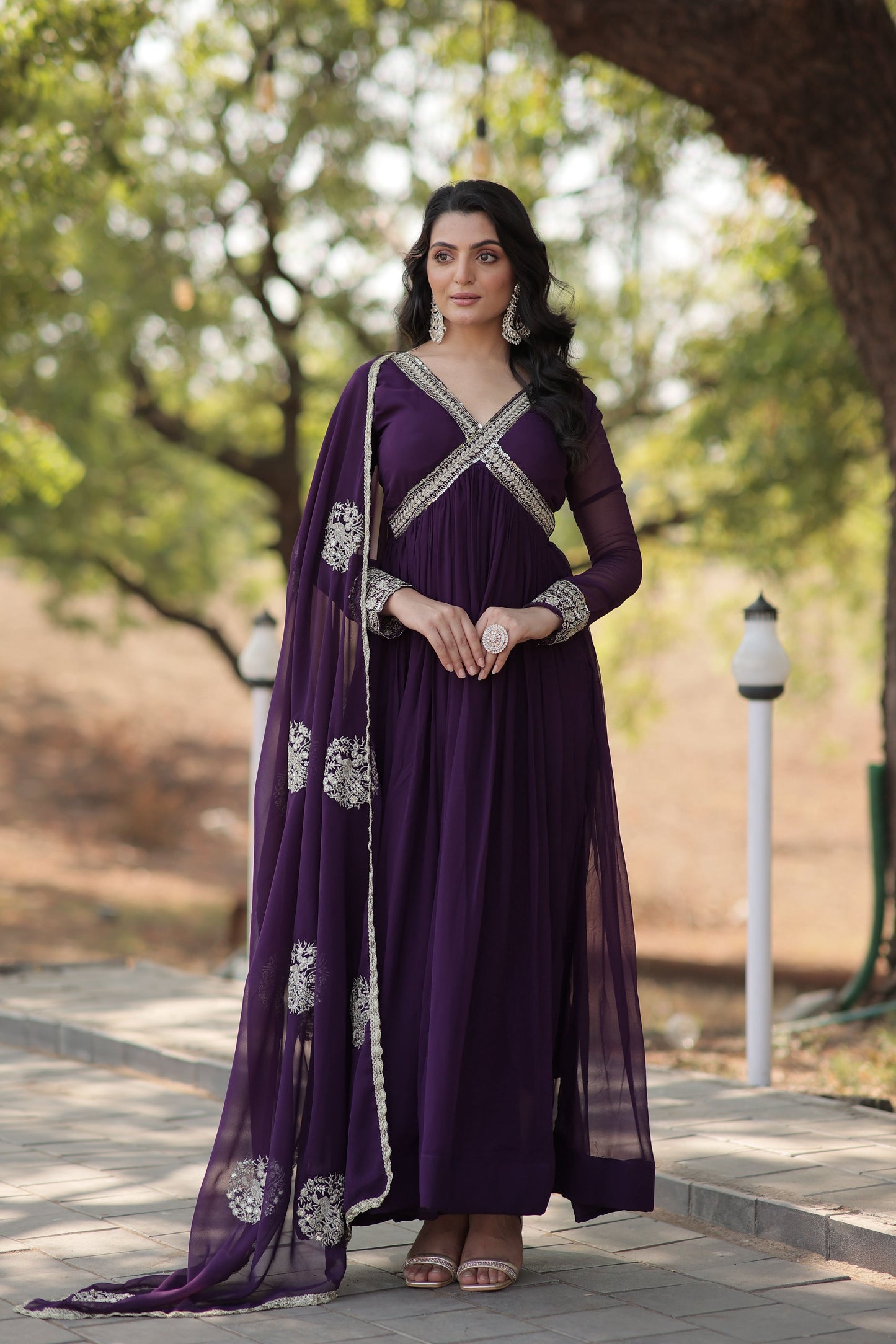 Teeya Creation Purple Color Faux Georgette Zari Embroidery Work Fully Stitched Anarkali Gown - Swadesiicart
