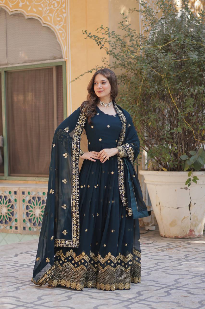 Teeya Creation Morpich Color Faux Georgette Heavy Work Fully Stitched Anarkali Gown - Swadesiicart
