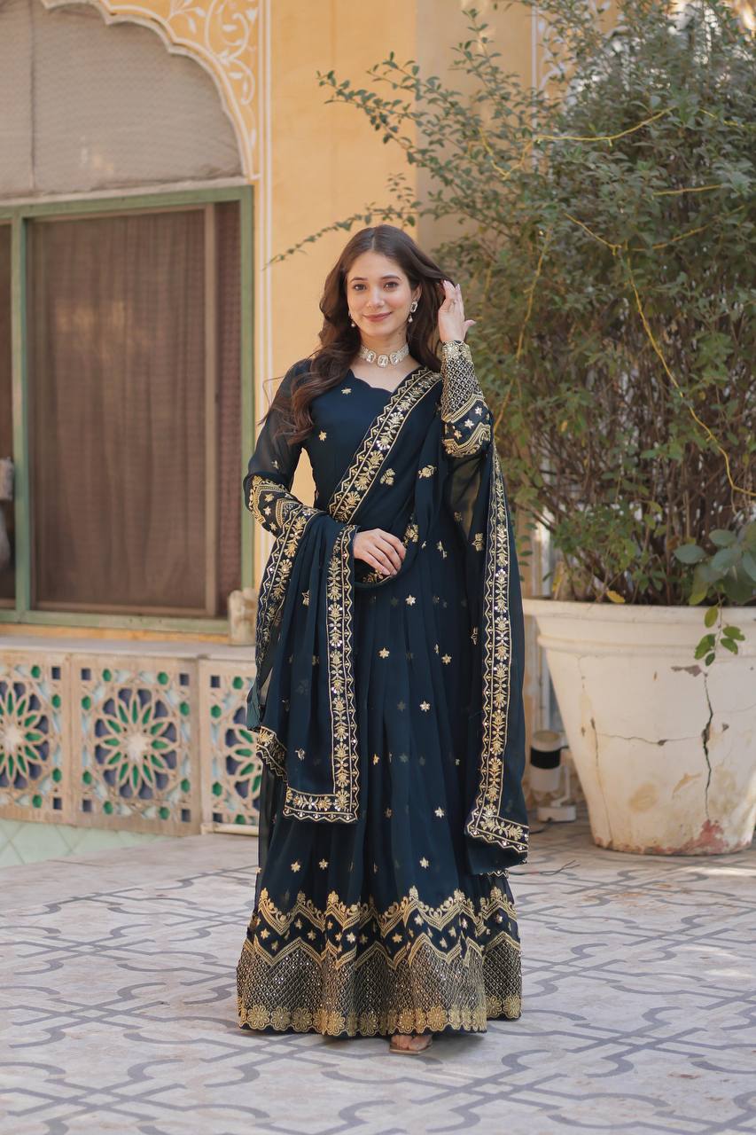 Teeya Creation Morpich Color Faux Georgette Heavy Work Fully Stitched Anarkali Gown - Swadesiicart