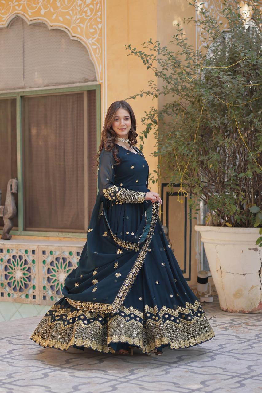 Teeya Creation Morpich Color Faux Georgette Heavy Work Fully Stitched Anarkali Gown - Swadesiicart