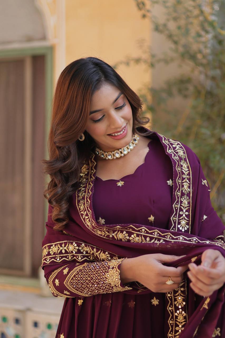 Teeya Creation Wine Color Faux Georgette Heavy Work Fully Stitched Anarkali Gown - Swadesiicart