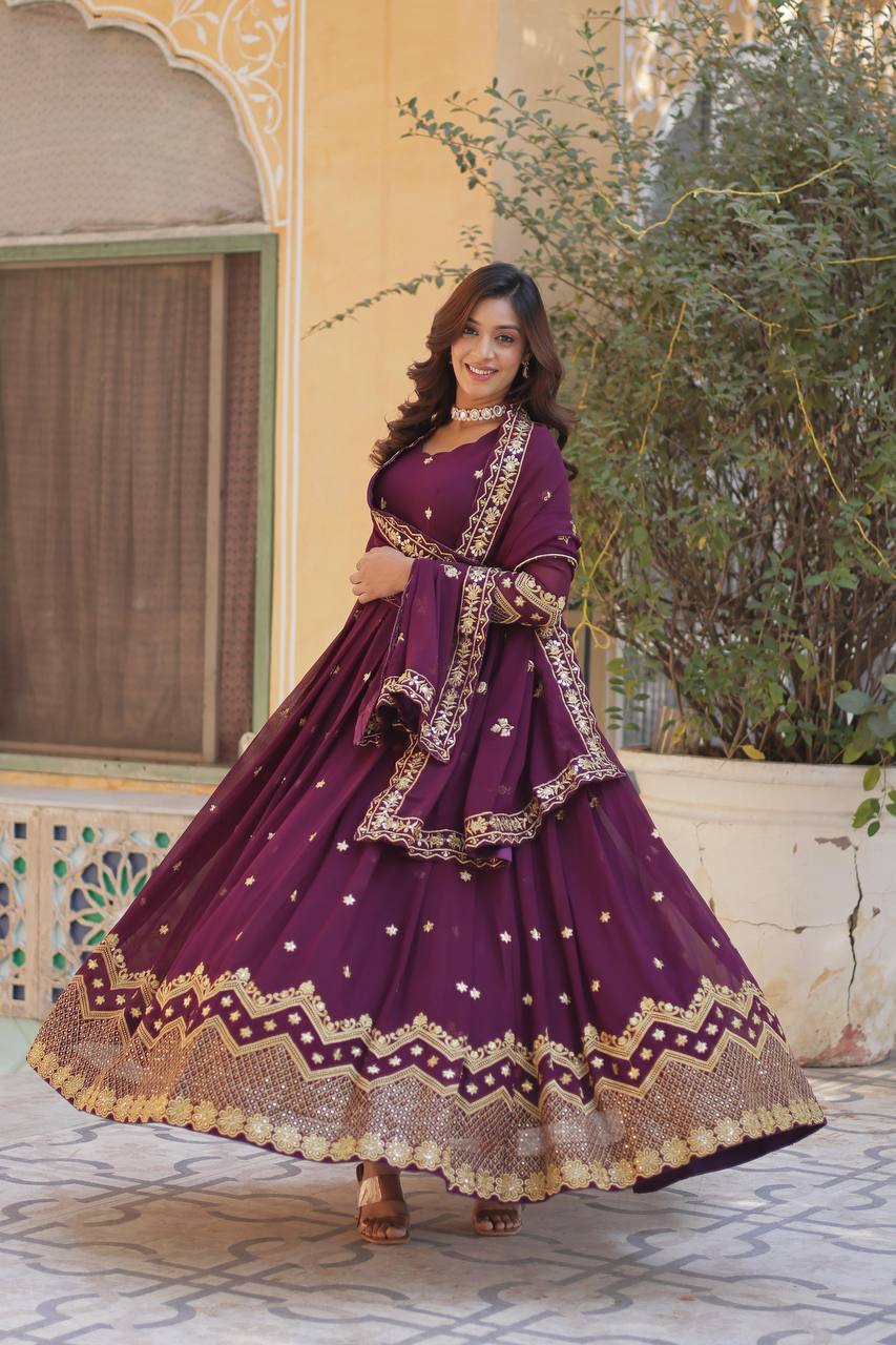Teeya Creation Wine Color Faux Georgette Heavy Work Fully Stitched Anarkali Gown - Swadesiicart
