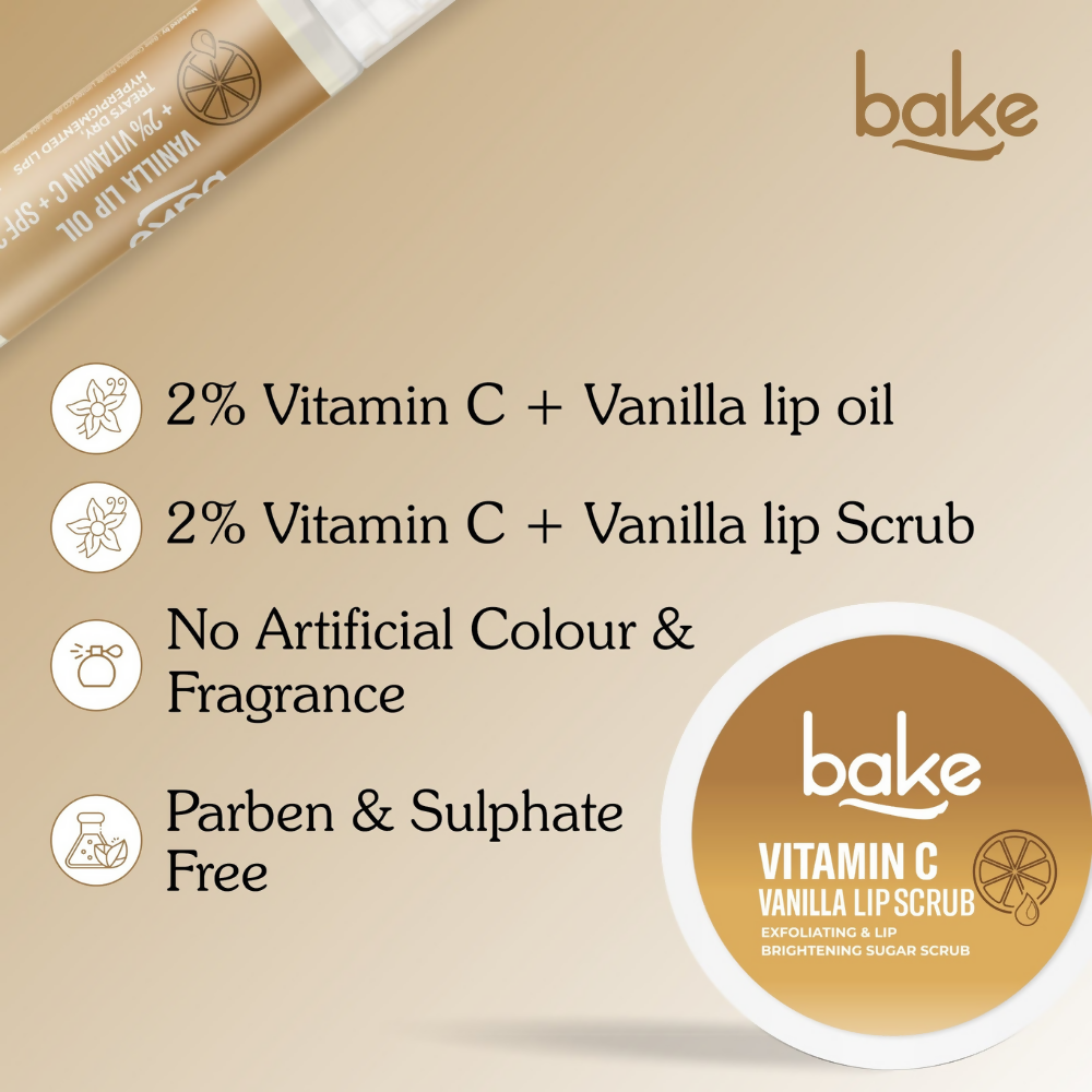 Bake Vitamin C Vanilla Lip Kit With Lip Balm SPF 25 & Lip Scrub For Dark & Pigmented Lips | Swadesiicart