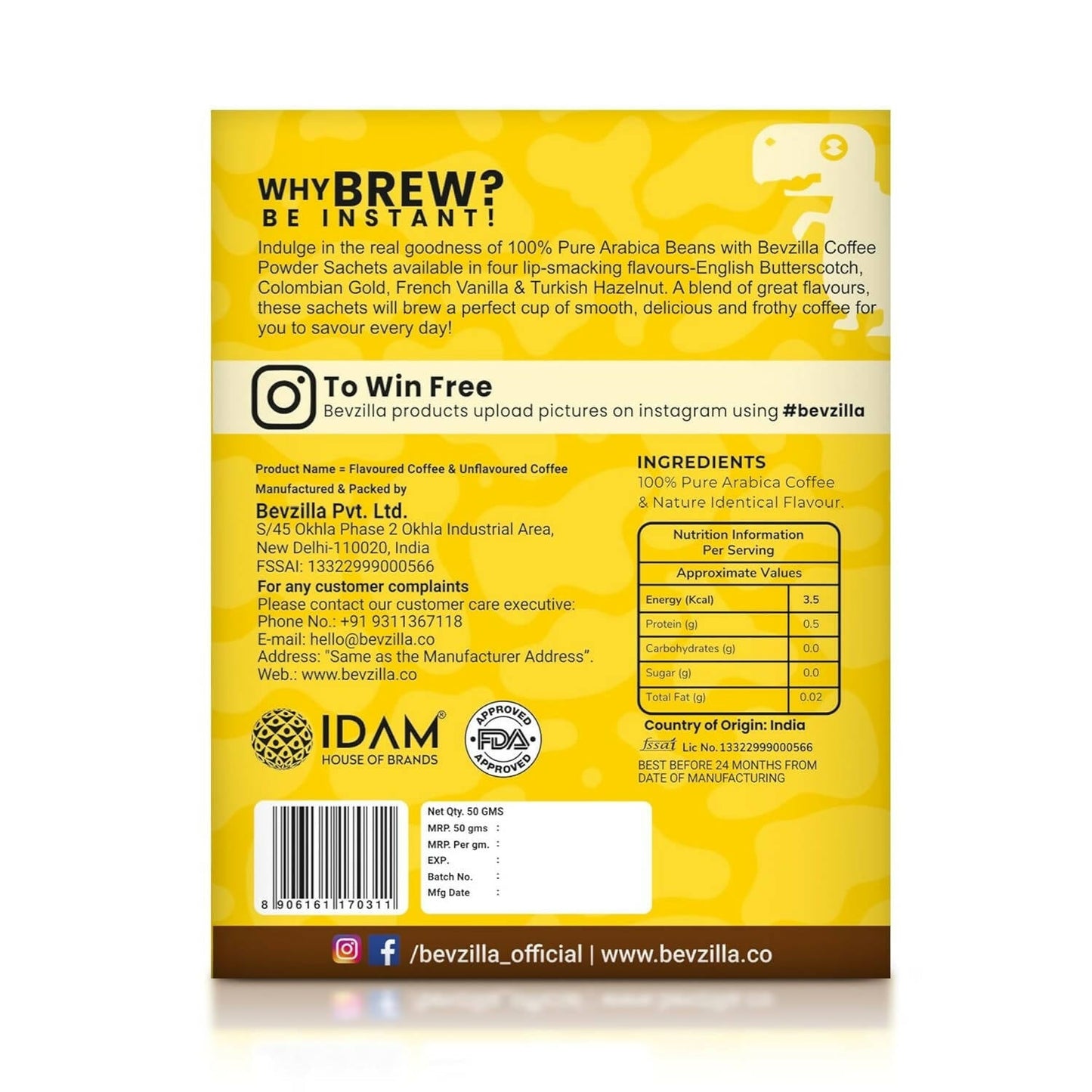 Bevzilla Instant Coffee Powder Sachets 100 % Arabica Coffee - Swadesiicart