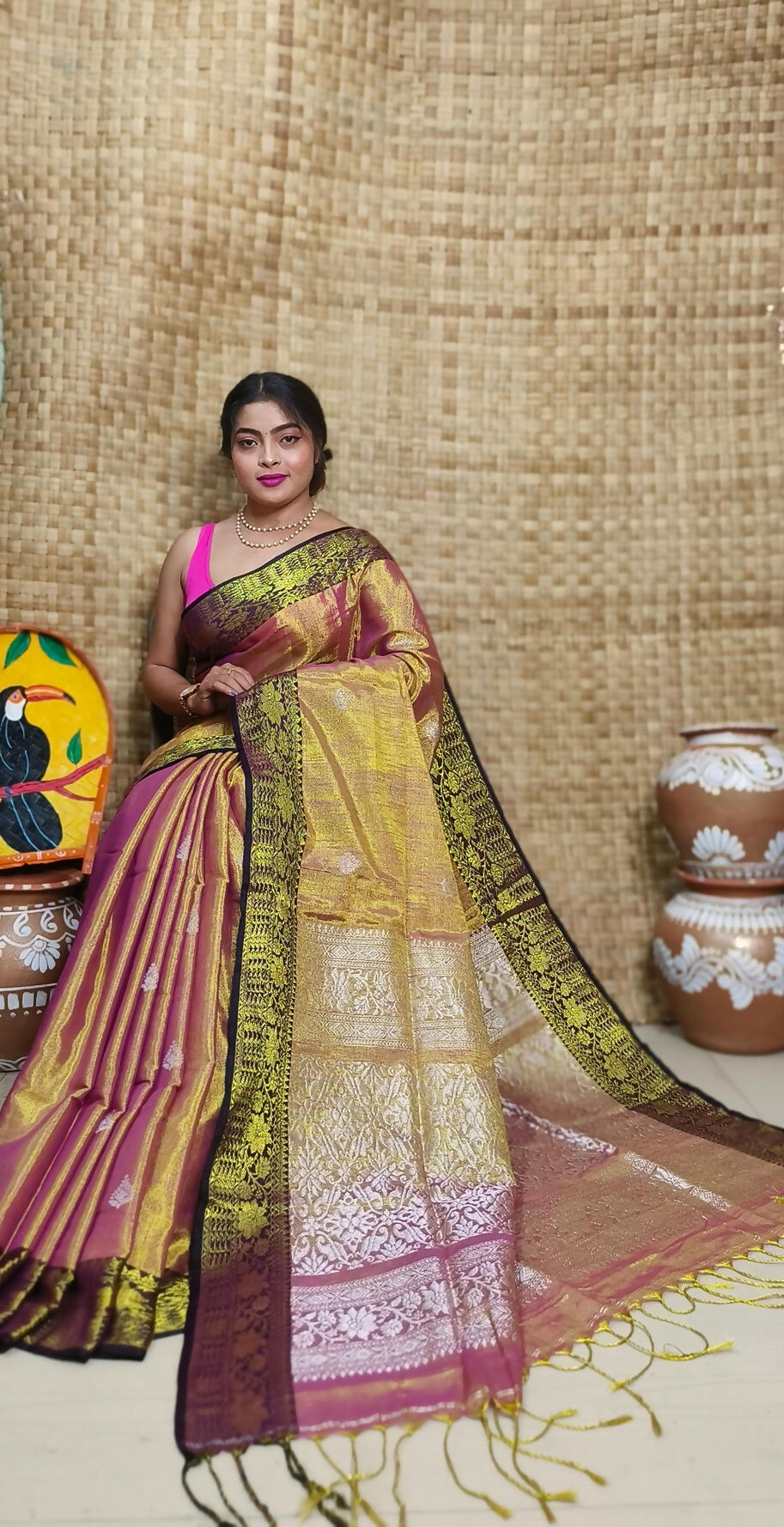 Exclusive Collection Golden Red Beautiful Tissue Benarasi Saree - Swadesiicart