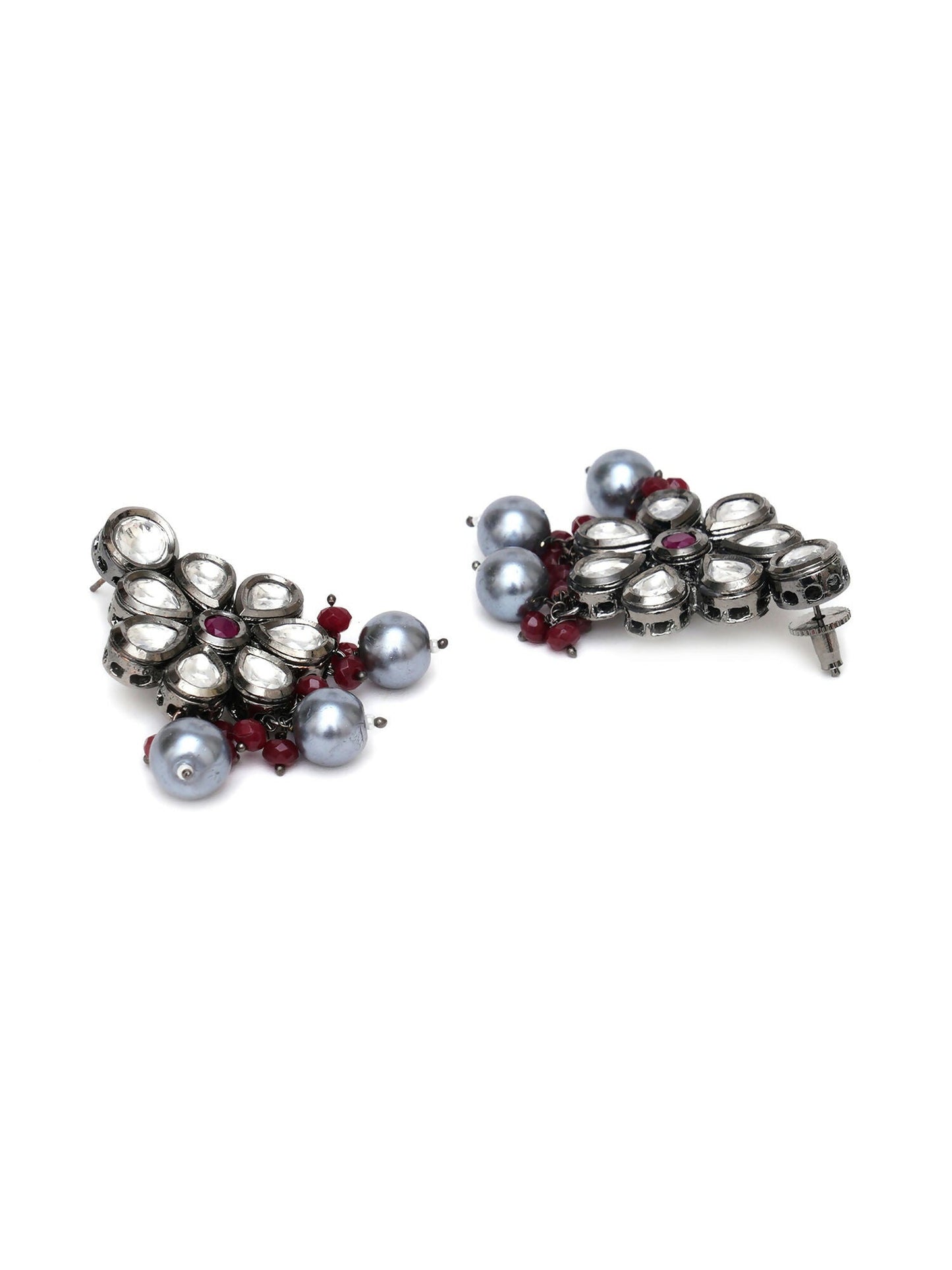 Long Kundan Neckpiece with Earrings with Multi Stones Jewellery Set (Grey) - Ruby Raang - Swadesiicart